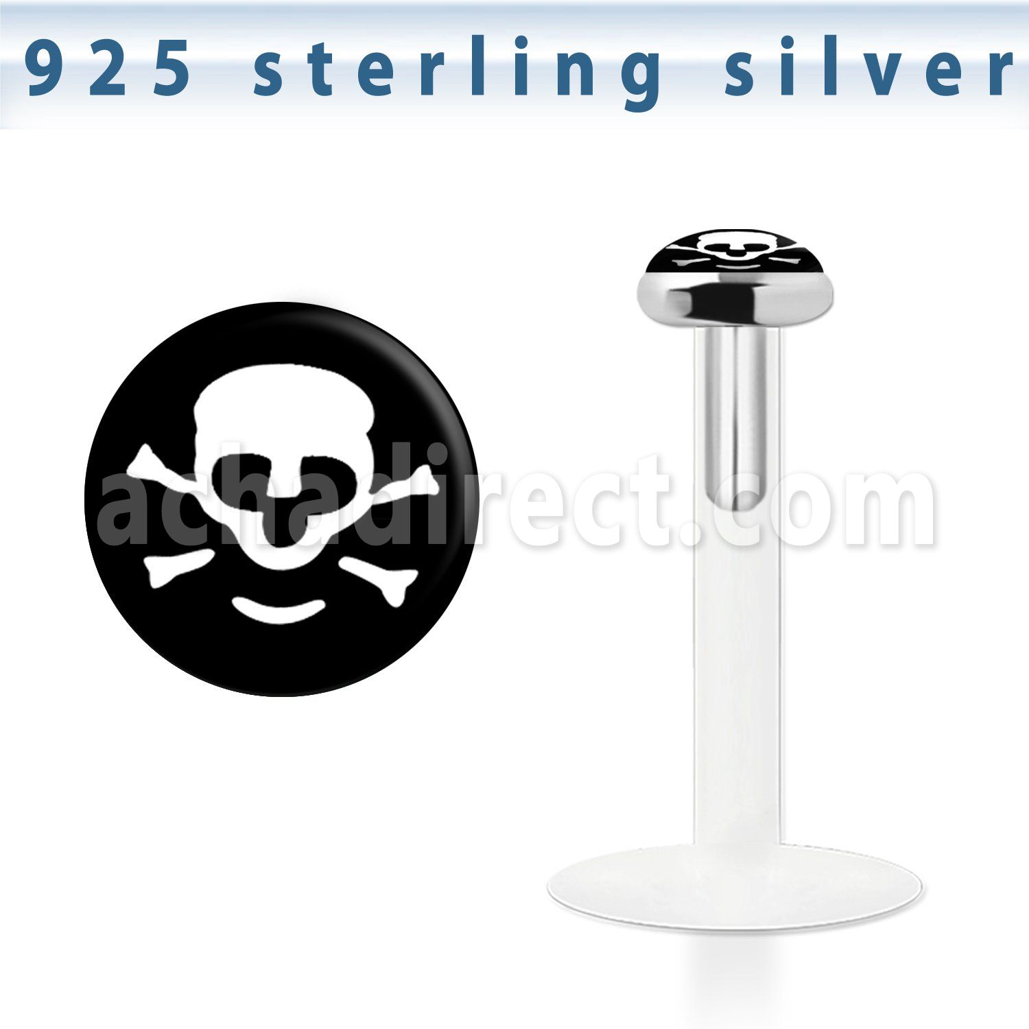 bilg55 labret bio flexible transparente plata esterlina presion 3mm logo bandera pirata calavera huesos cruzados fondo negro al por mayor