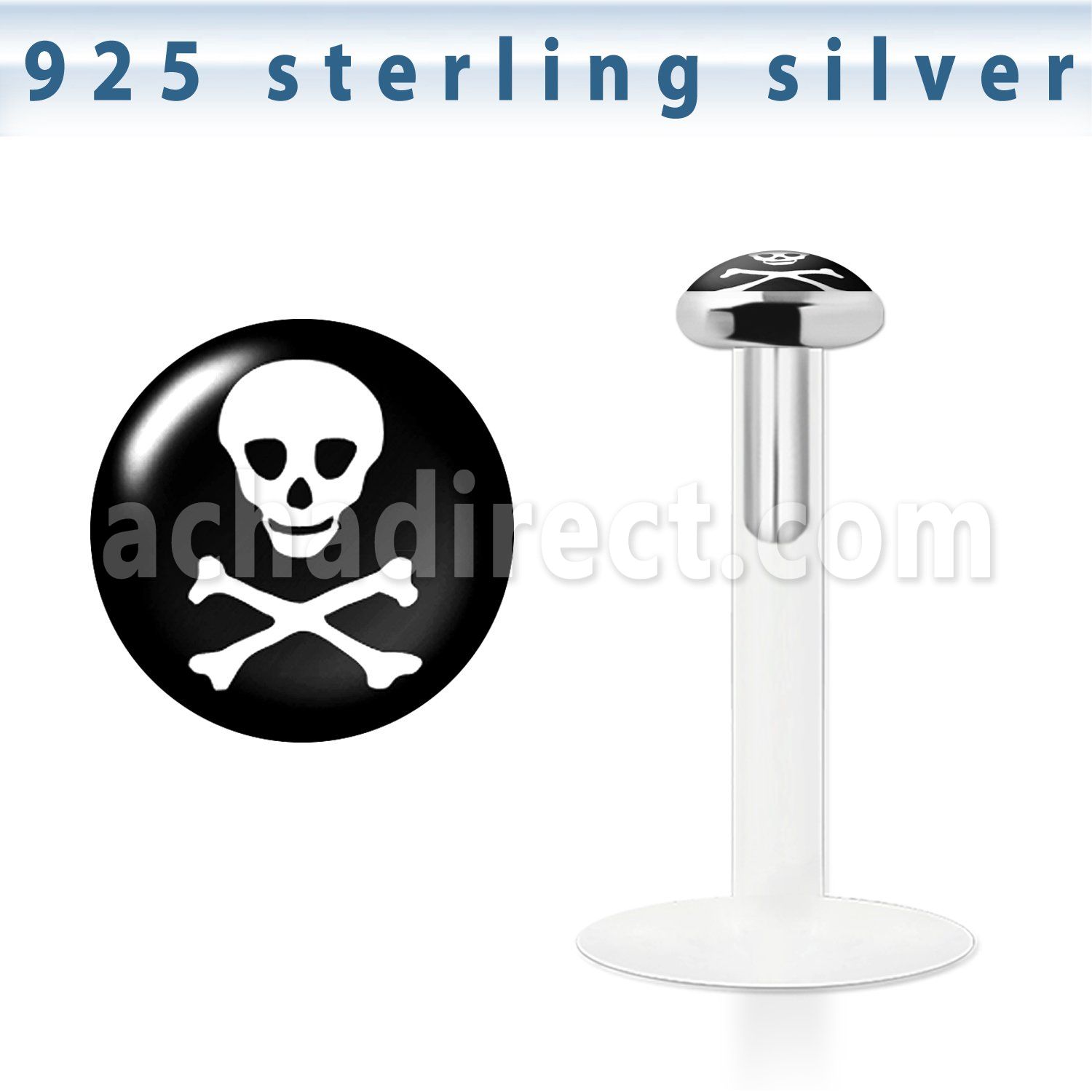 bilg5 labret bio flexible transparente plata esterlina presion 3mm logo calavera blanca huesos cruzados sonbre fondo negro venta
