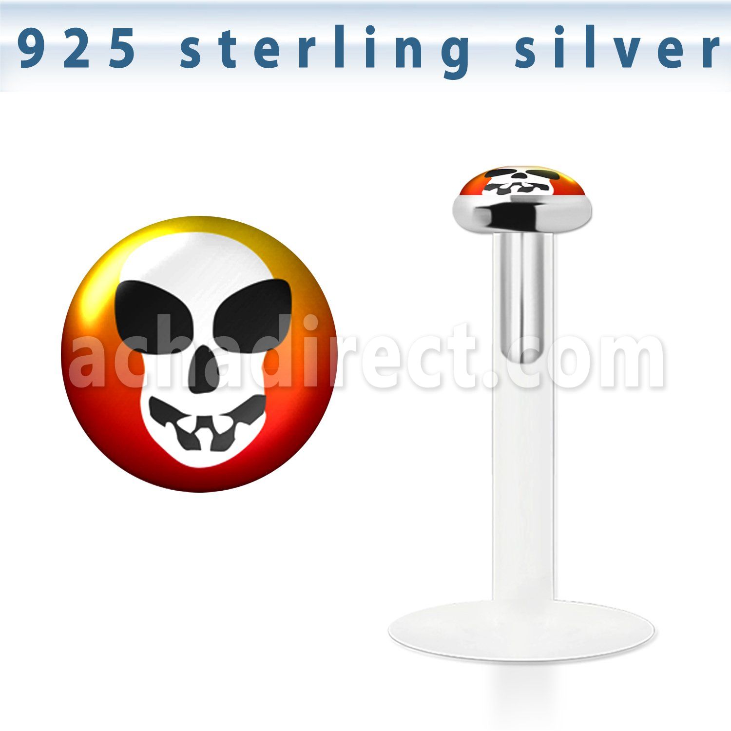 bilg8 labret bio flexible transparente plata esterlina presion 3mm logo calavera alien blanca mayorista