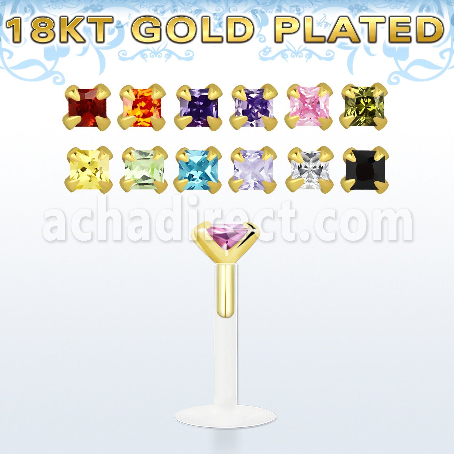 bilq3rg labret bio flexible transparente plata 925 oro 18 kts zirconita cuadrada 3mm distribuidor