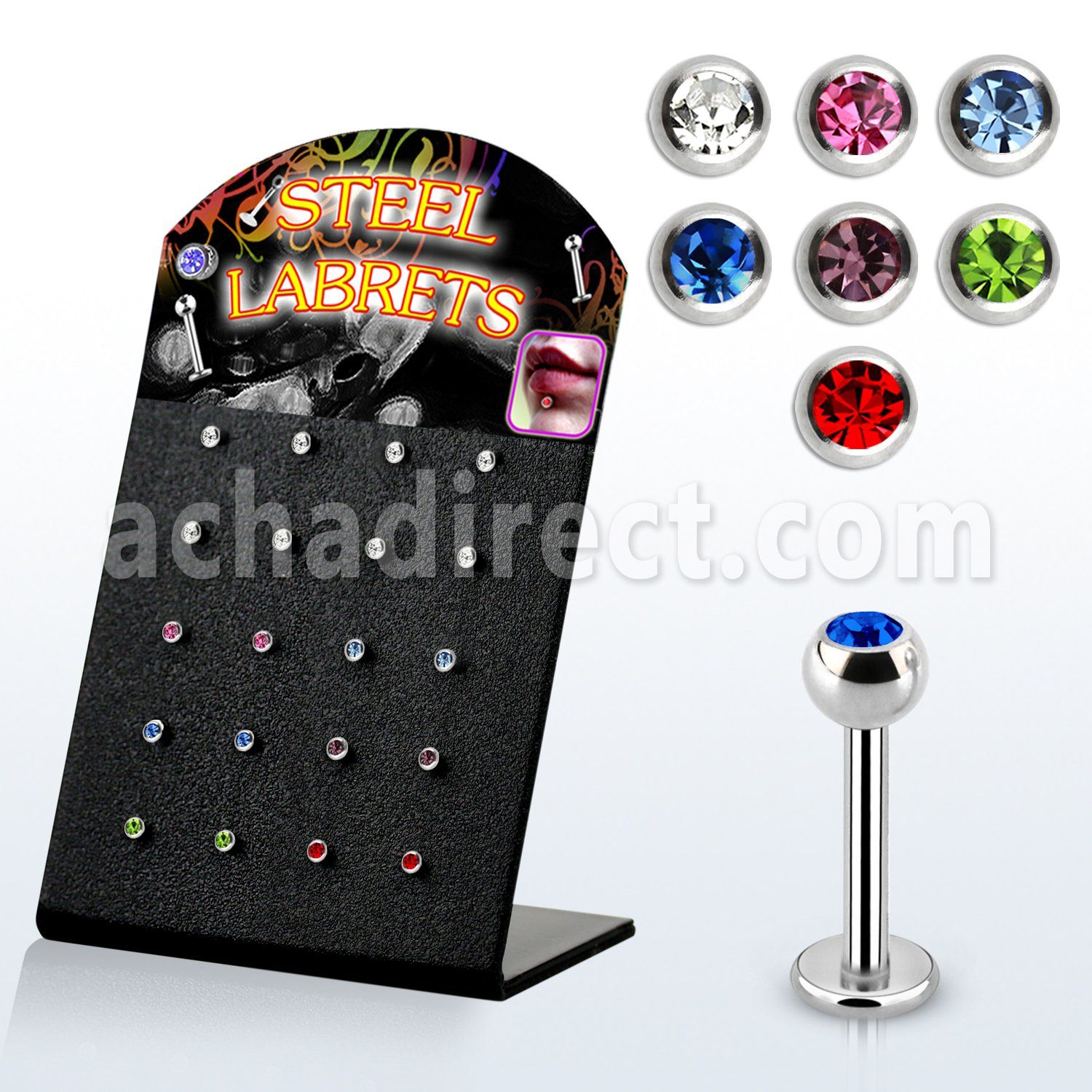 blbc3s display expositor 20 labrets acero quirurgico bola joya bisel 3mm 8mm distribuidor