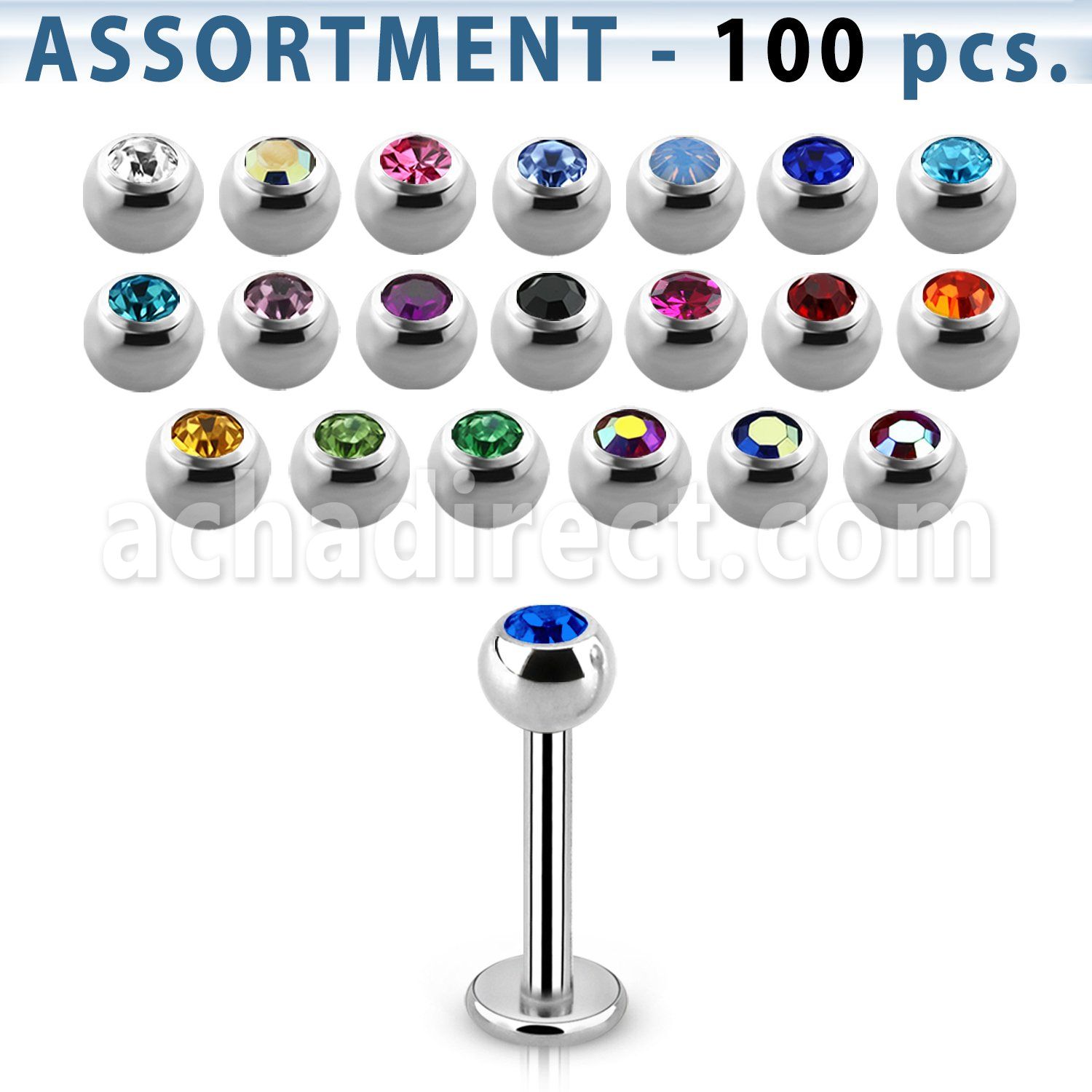 blk05 surtido piercings 100 labrets acero quirurgico bolas joya bisel 3mm mayorista