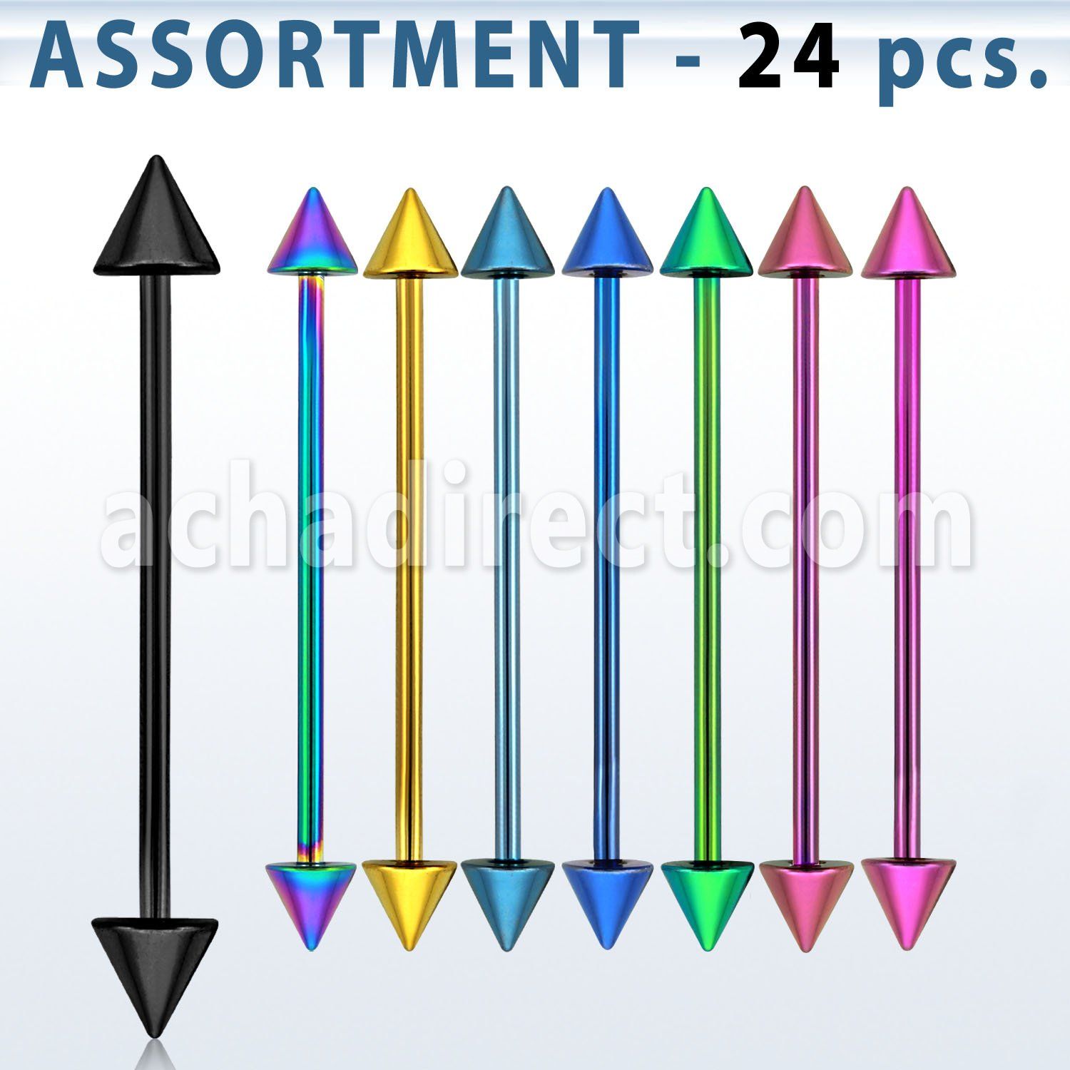 blk102 surtido piercings 24 surtidas barbells industriales acero quirurgico pvd conos 5mm distribuidor mayorista