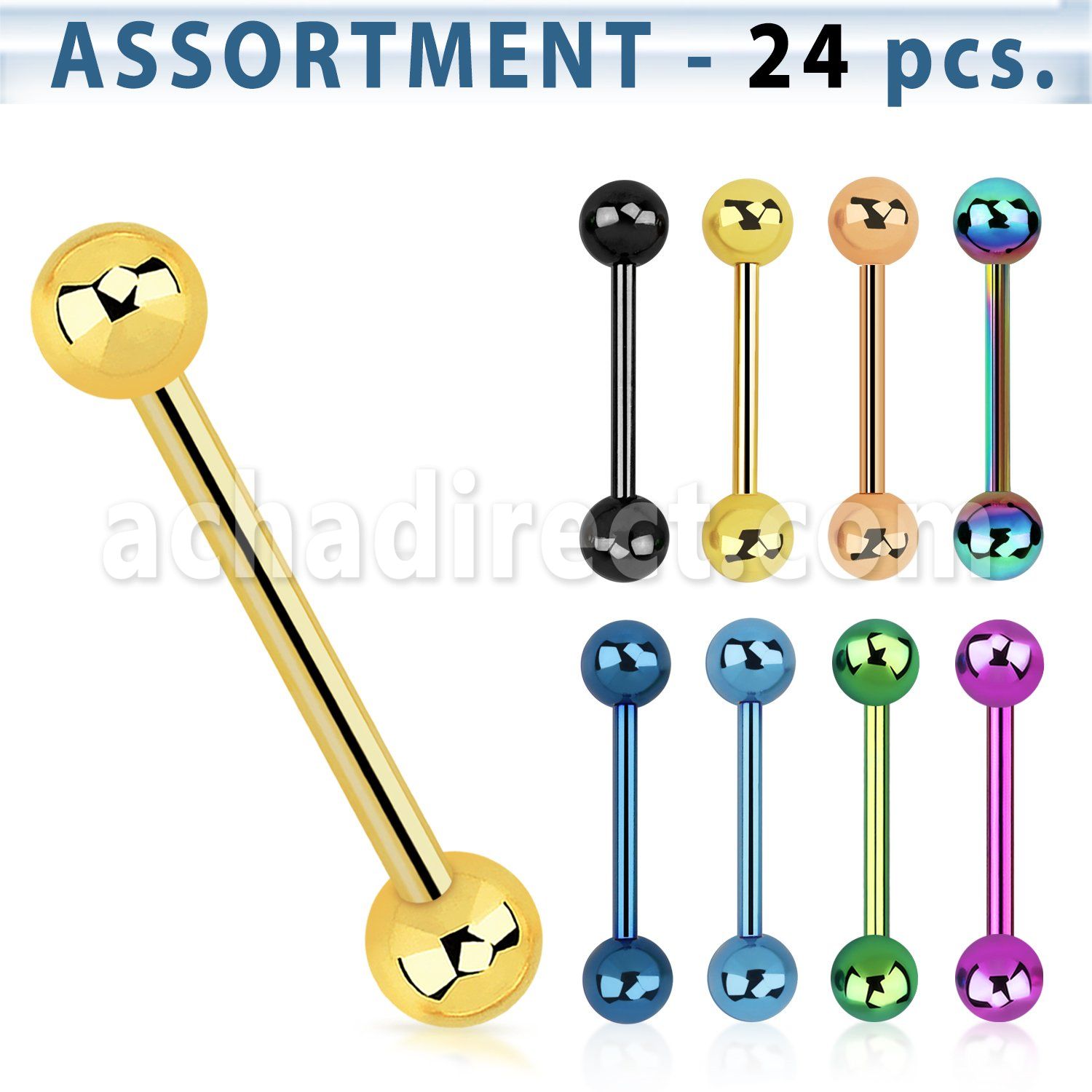 blk104b surtido piercings 24 barbells lengua acero quirurgico anodizado bolas 5mm al por mayor