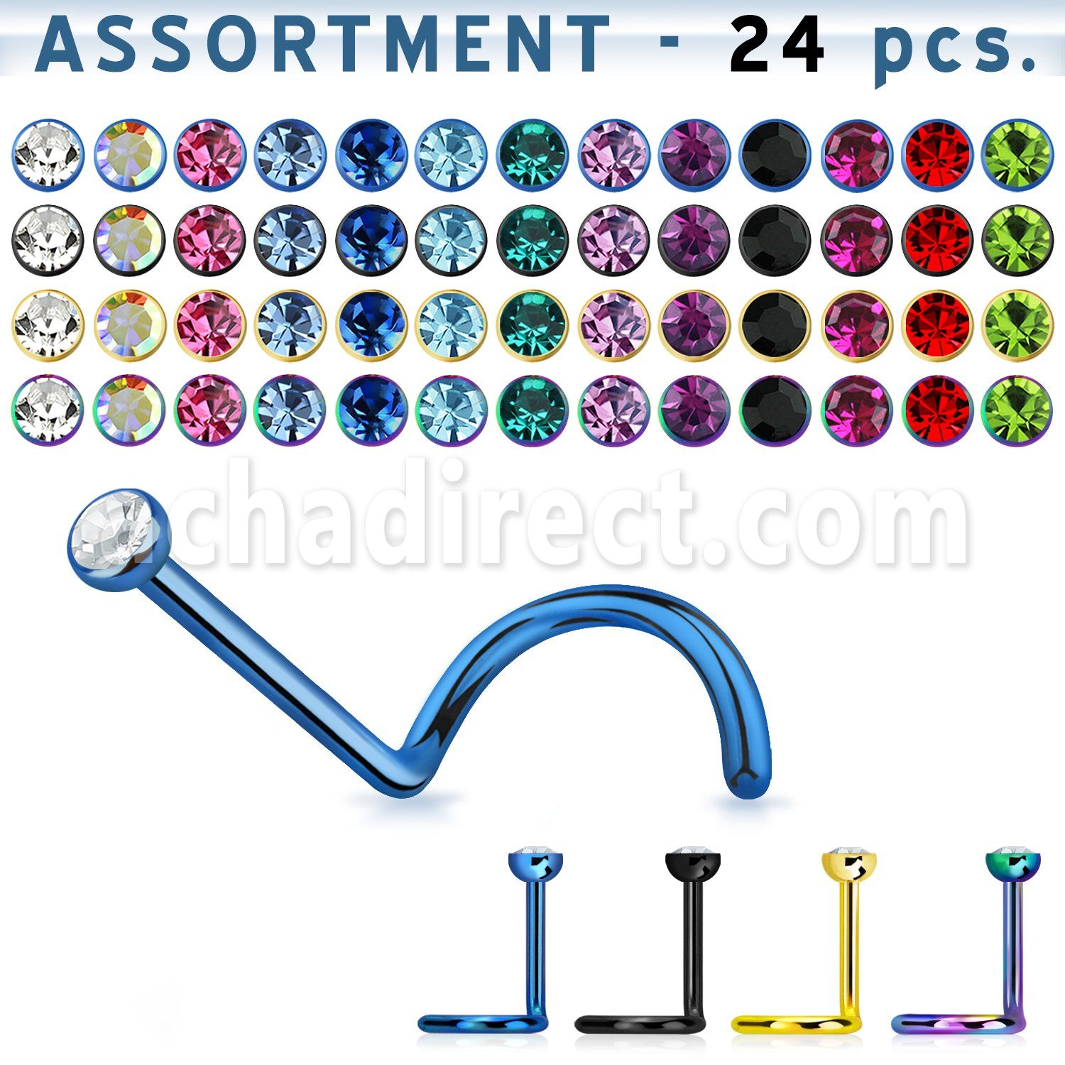 blk115 surtido piercings 24 piercing nariz l acero quirurgico anodizado negro dorado cristal redondo distribuidor mayorista