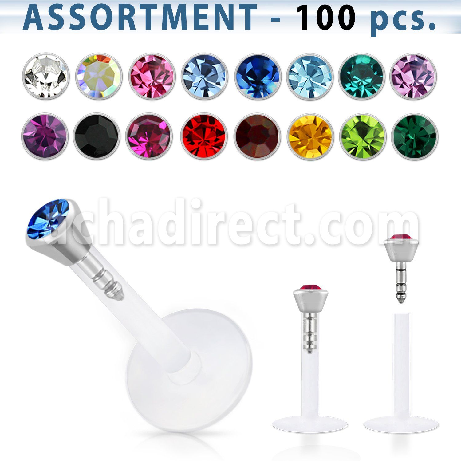 blk156 surtido piercings 100 labrets bio flexibles transparentes cristal 2 5mm presion distribuidor mayorista