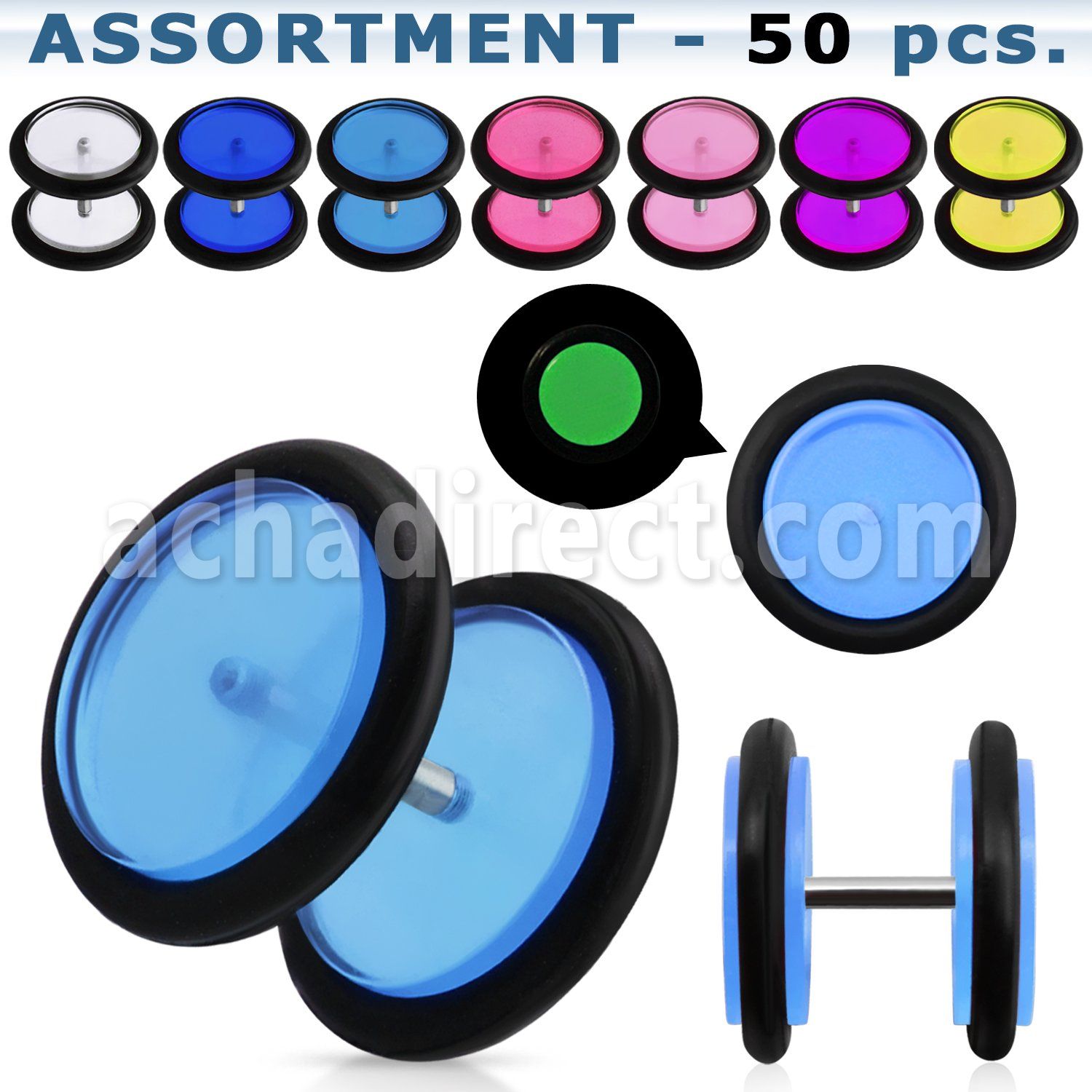 blk170 surtido piercings 50 plugs falsos acrilicos brillan oscuridad anillos goma al por mayor