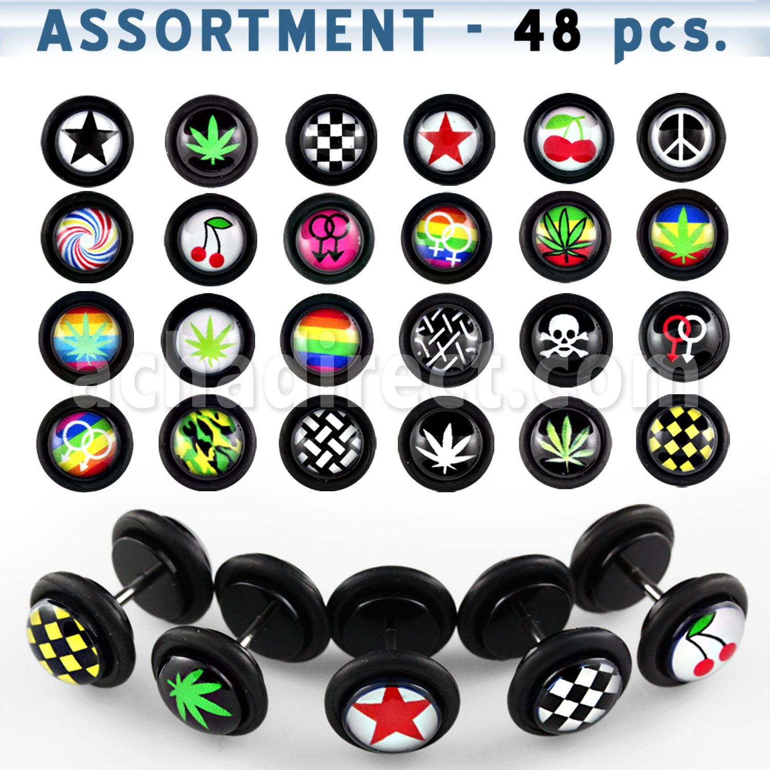 blk172 surtido piercings 48 plugs falsos acrilicos disenos variados venta