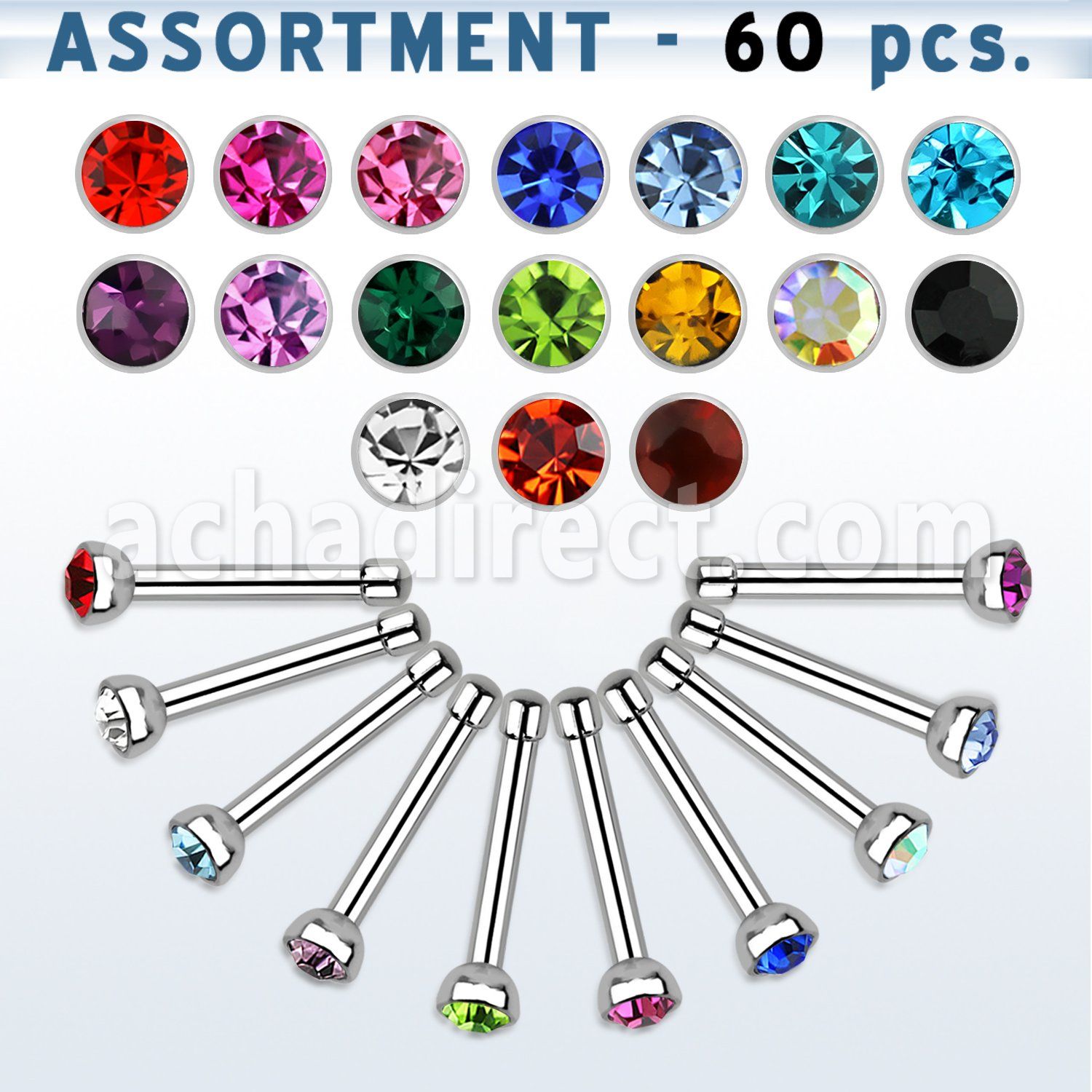 blk174 surtido piercings 60 piercing nariz hueso acero quirurgico 1mm cristal redondo al por mayor