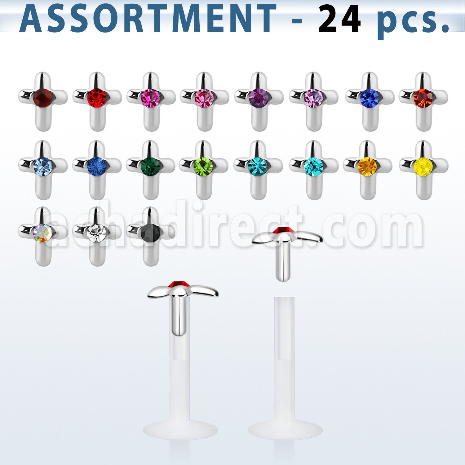 blk182 surtido piercings 24 labrets bio flexibles transparentes cruz plata esterlina cristal centro venta