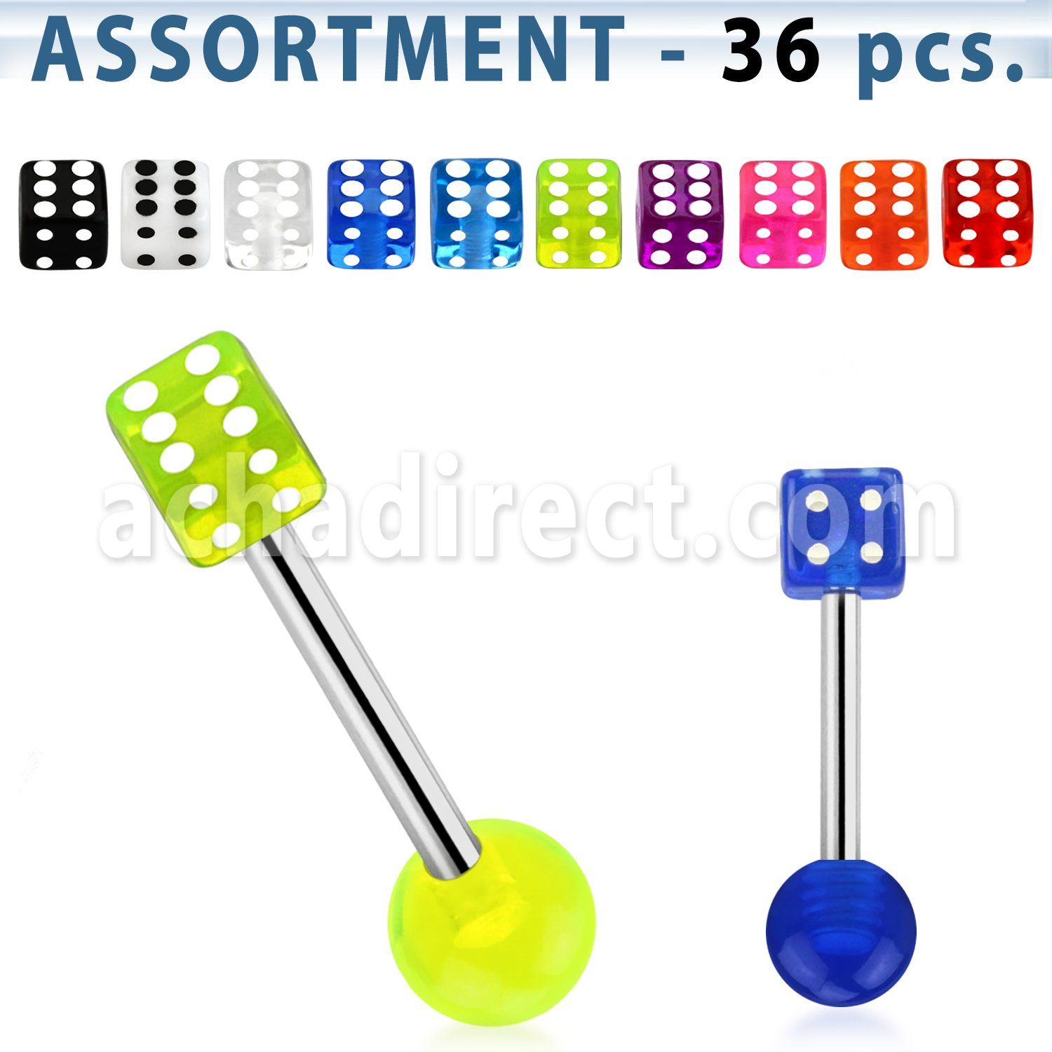 blk201 surtido 36 barbell lengua acero 316l dado acrilico uv 5mm 16mm mayorista