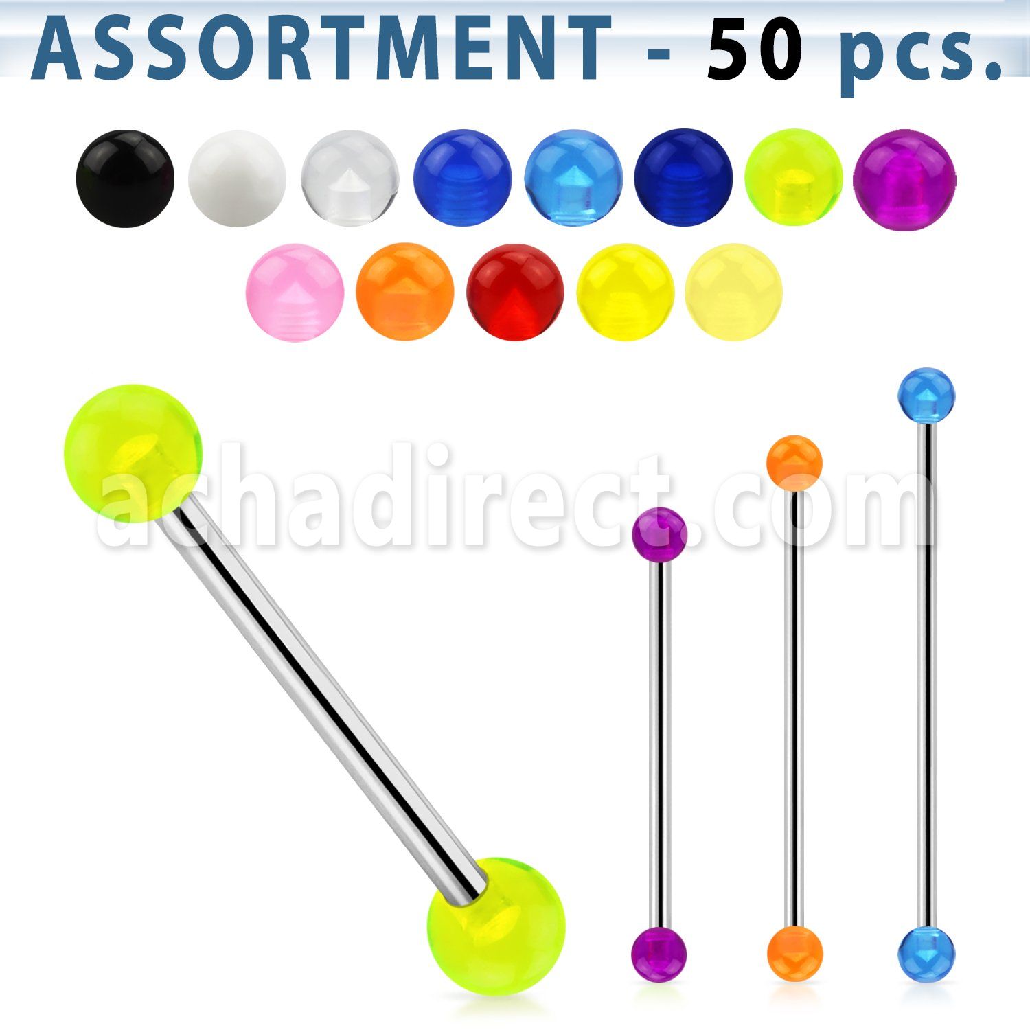 blk202 surtido 50 barbells industriales acero 316l variados bolas acrilico uv 5mm distribuidor