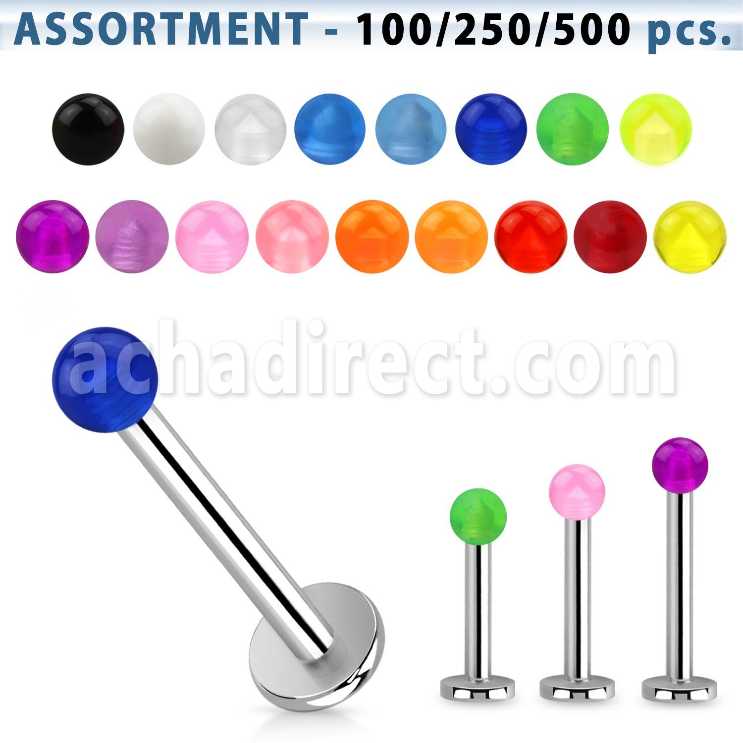 blk232 surtido piercings surtido 500 350 100 labrets acero quirurgico bolas acrilico uv 3mm 8mm distribuidor