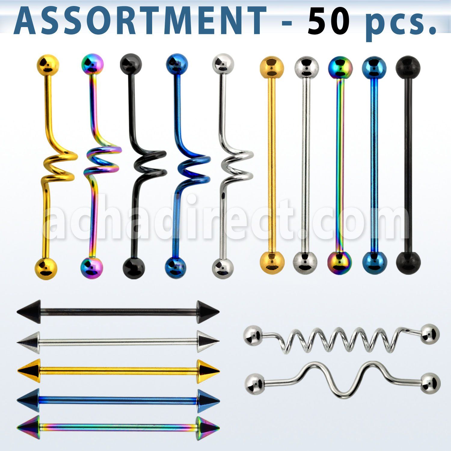 blk233 surtido piercings 50 barbells industriales acero quirurgico anodizado distribuidor mayorista