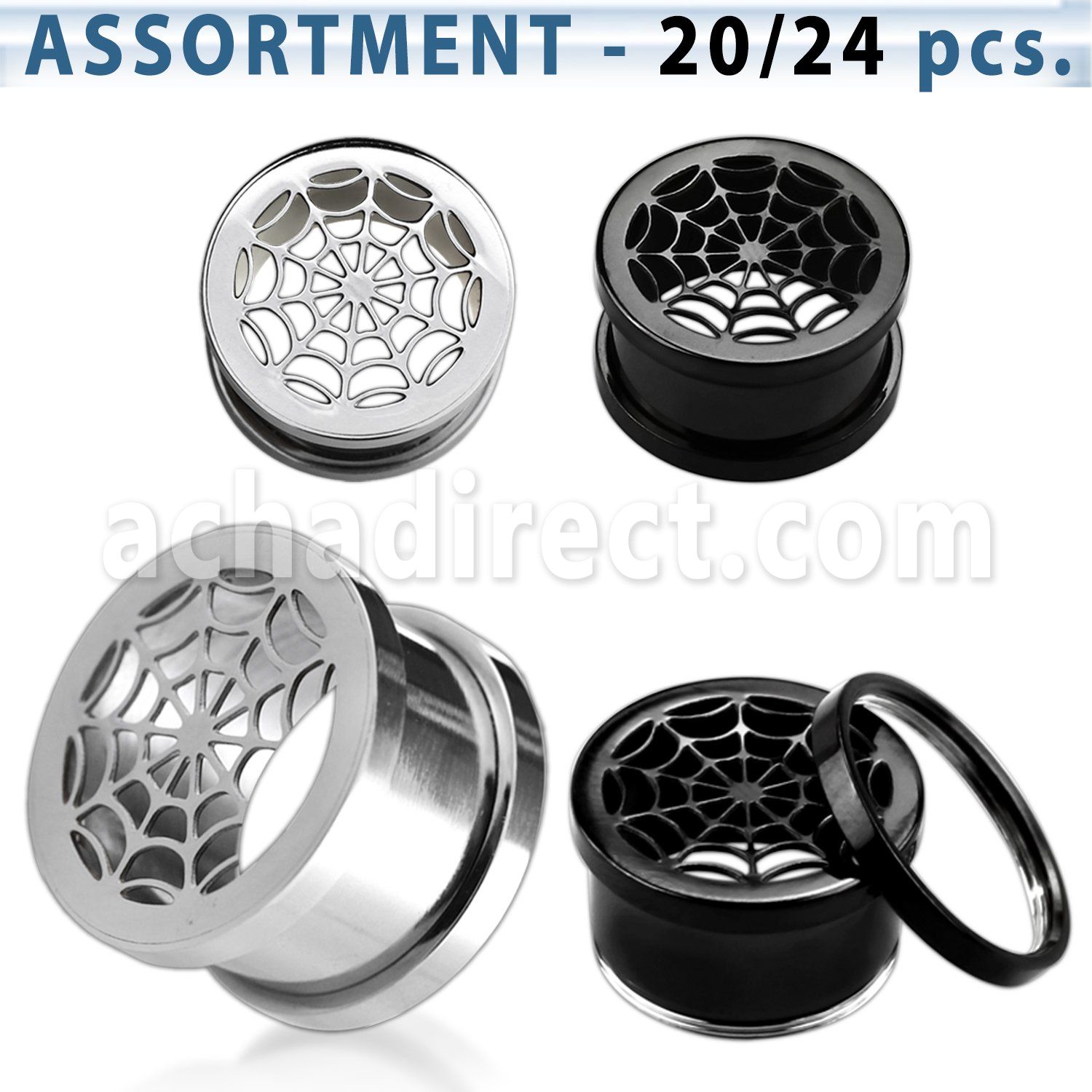 blk247 surtido piercings 24 dilataciones tunel tornillo acero 316l anodizado brillo espejo tela arana frente venta