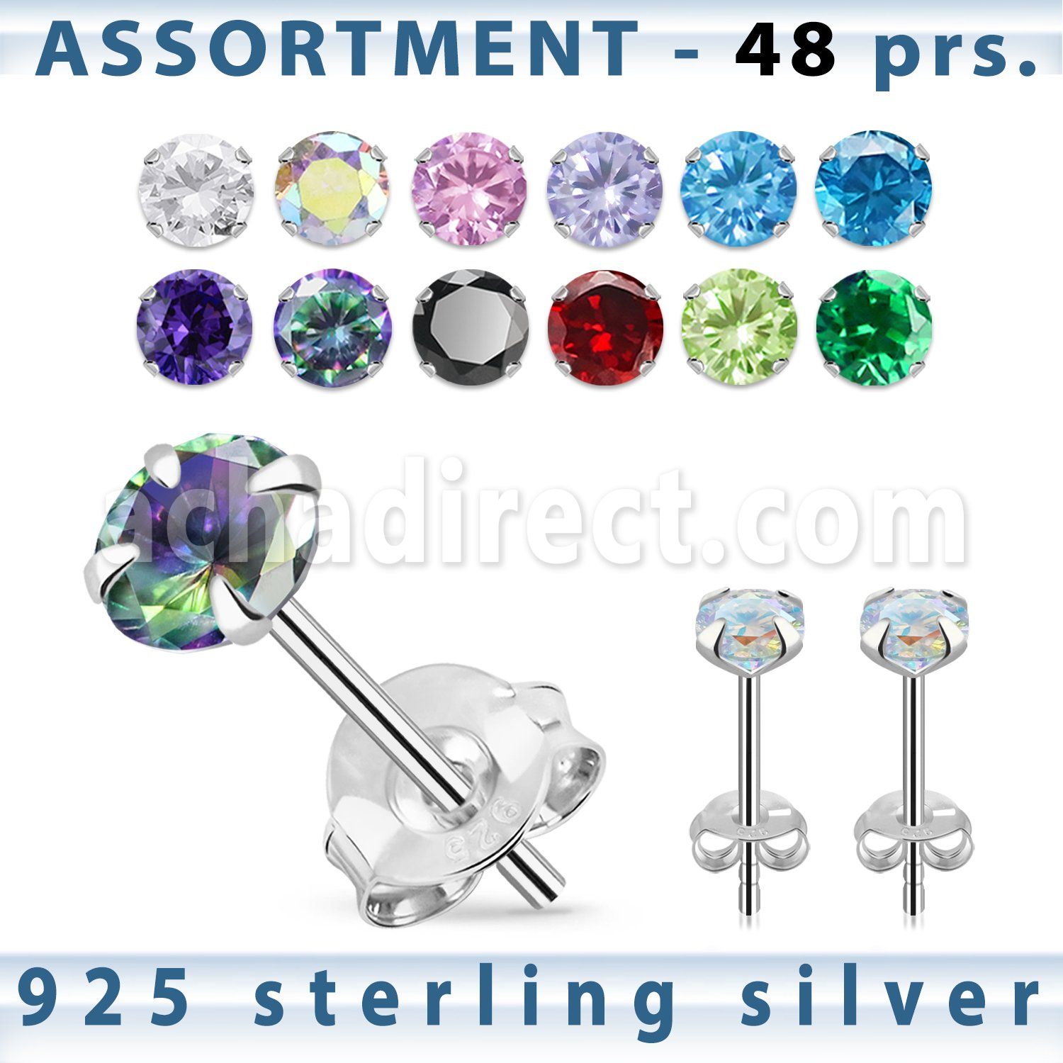 blk258s surtido piercings plata 48 pares piercings oreja plata esterlina 925 zirconia redonda distribuidor mayorista