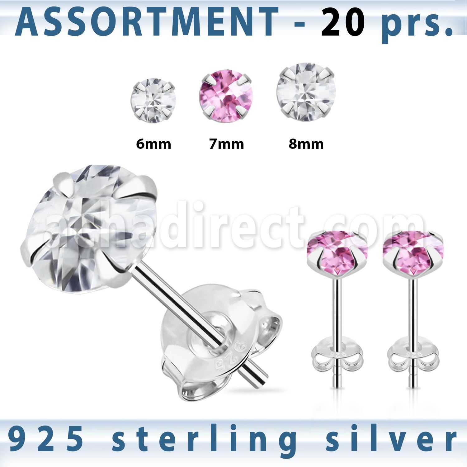 blk262m surtido piercings plata 20 pares piercings oreja plata esterlina 925 zirconia redonda cortada cuadros al por mayor