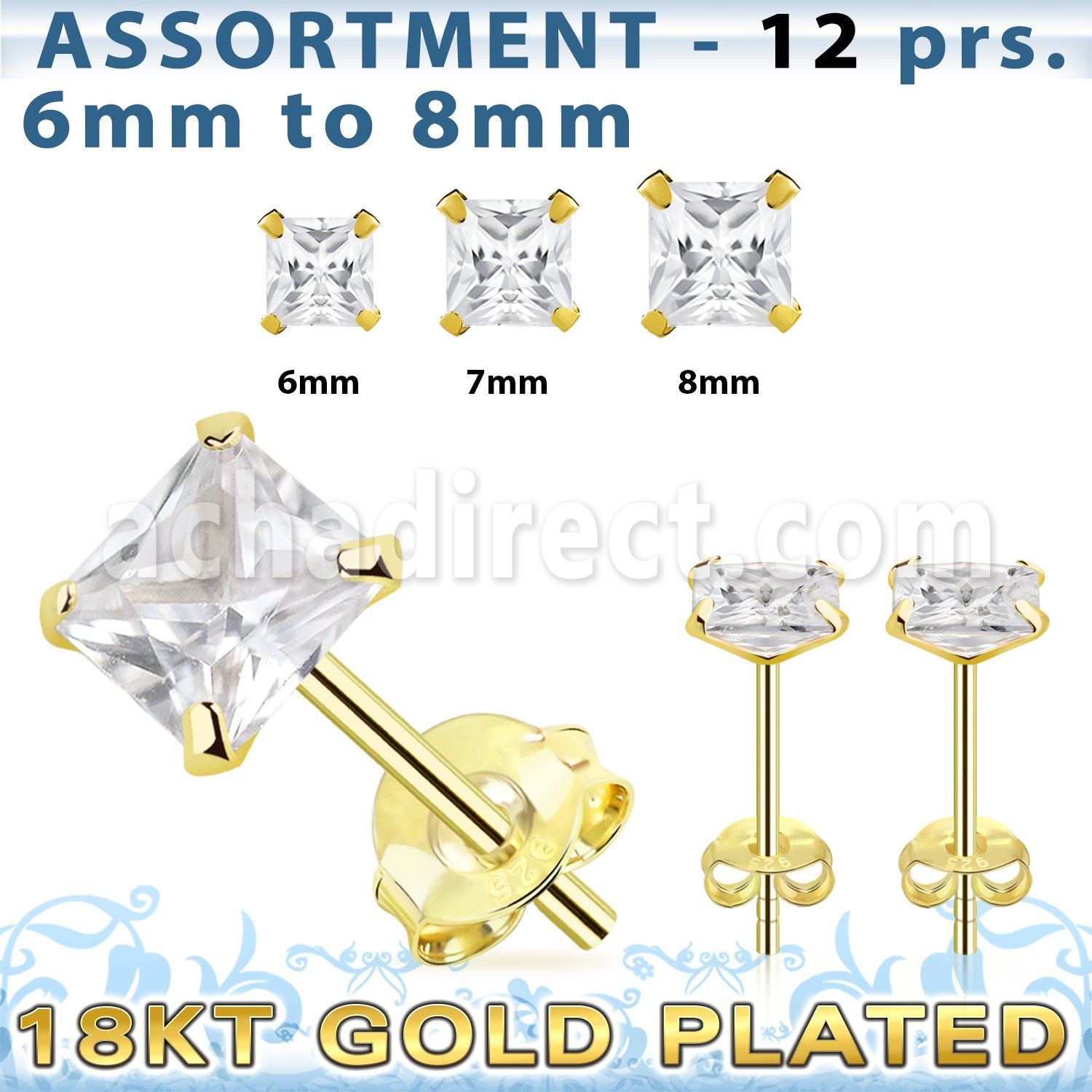 blk265m surtido piercings plata 12 pares piercings oreja plata esterlina 925 oro 18 kts zirconia cuadrada clara distribuidor