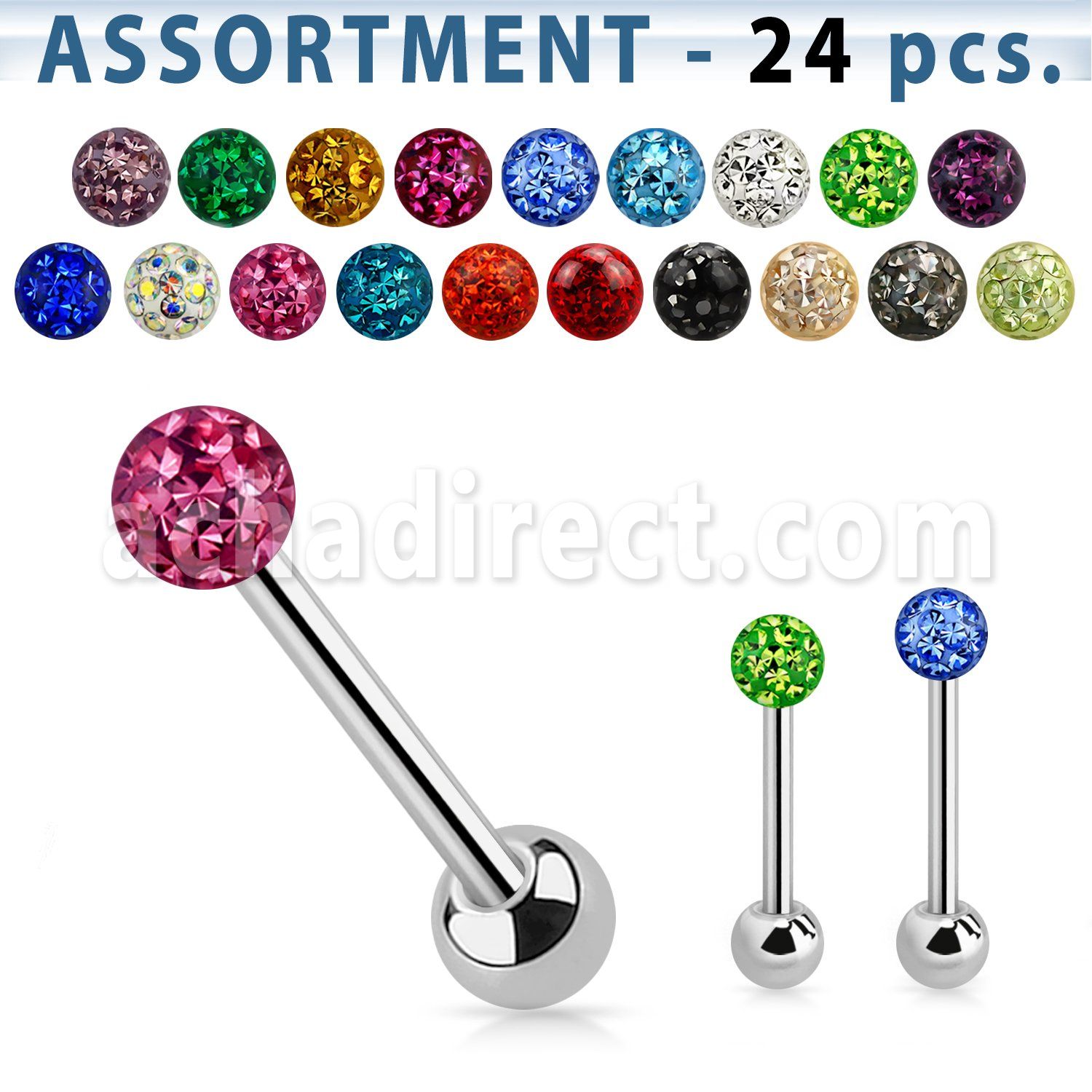 blk279 surtido piercings 24 barbells lengua acero quirurgico variados bola multi cristal ferido 6mm venta