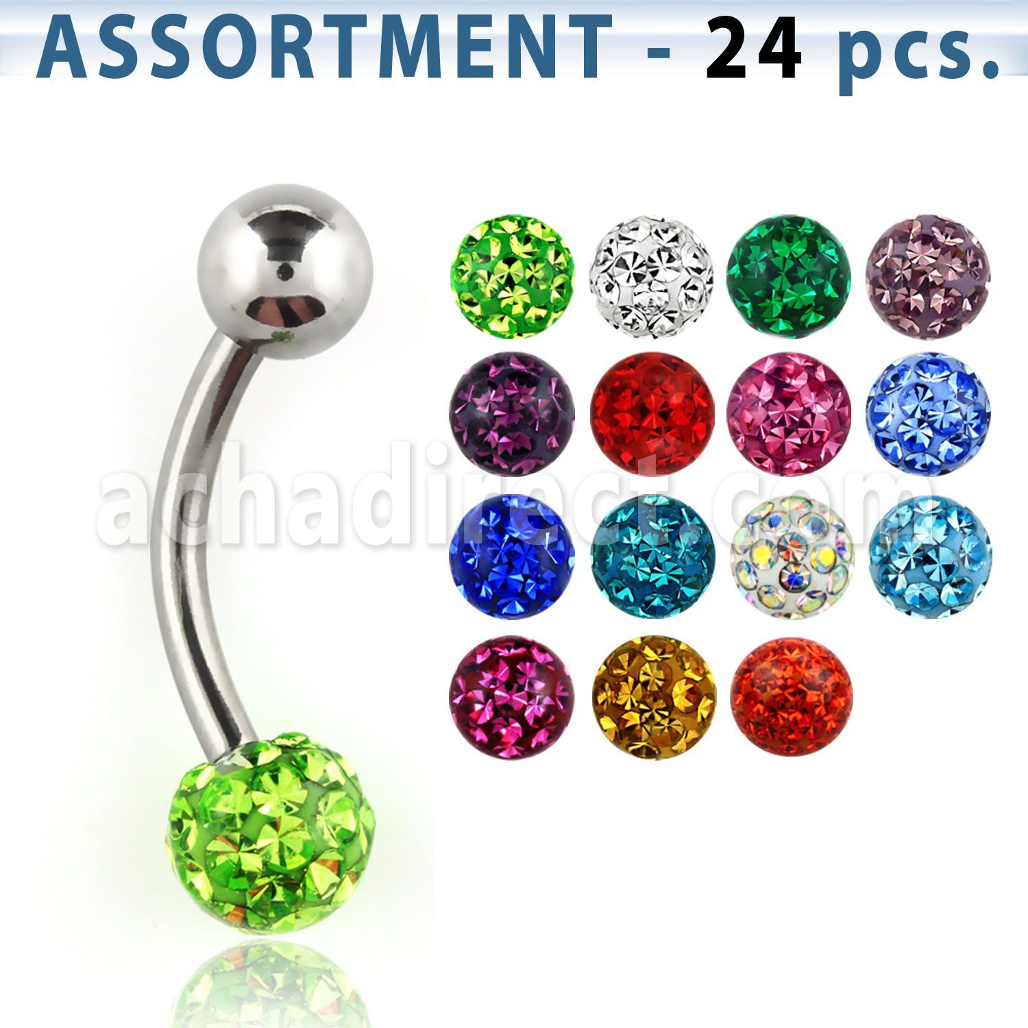 blk280 surtido piercings 24 piercings ombligo acero quirurgico bola acero 5mm bola multi cristal ferido 6mm al por mayor