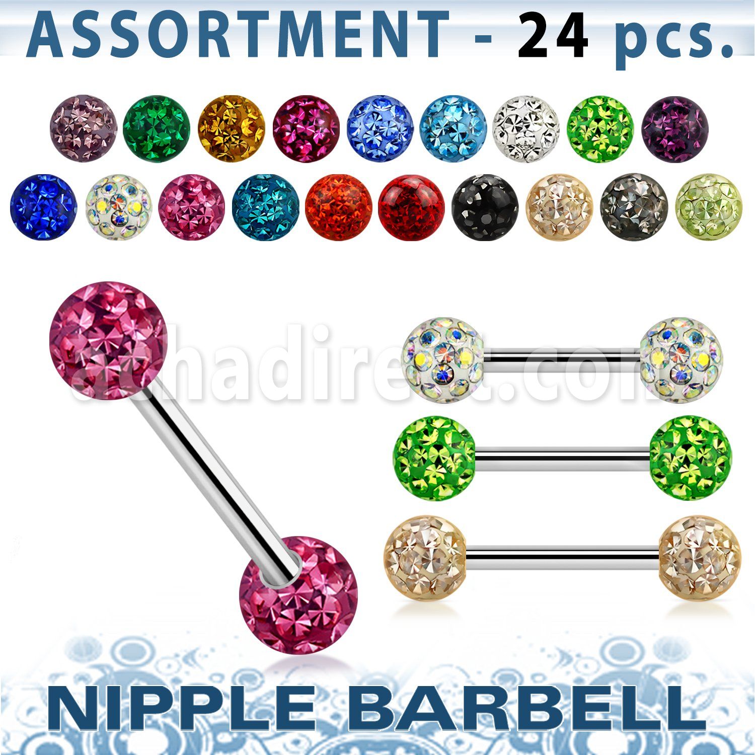 blk281 surtido piercings 24 barbells pezon acero quirurgico variados bolas multi cristal ferido 5mm distribuidor