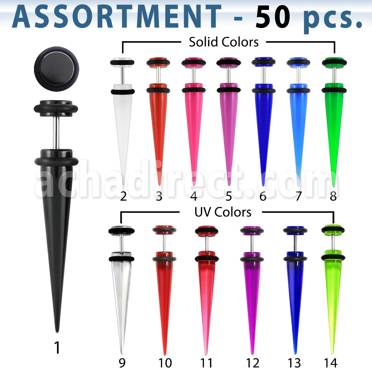 blk288 surtido piercings 50 expansores acrilicos falsos barra acero quirurgico anillos goma mayorista