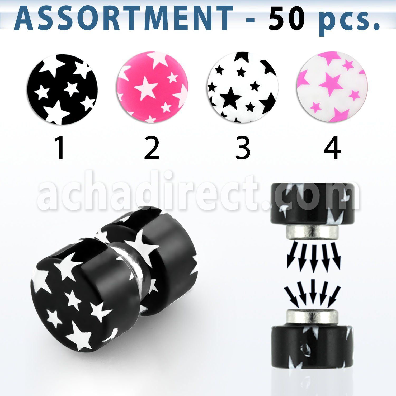 blk308 surtido piercings 50 plugs falsos acrilicos magneticos multi estrella distribuidor mayorista