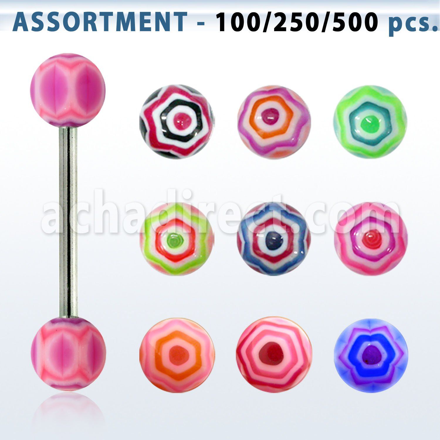blk323 surtido piercings surtido barbells lengua acero quirurgico bolas acrilicas telaranas 6mm 16mm distribuidor mayorista
