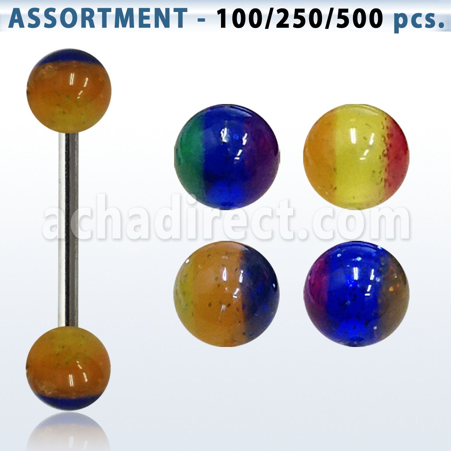 blk328 surtido piercings surtido barbells lengua acero quirurgico bolas 6mm tri color glitter uv 16mm distribuidor mayorista