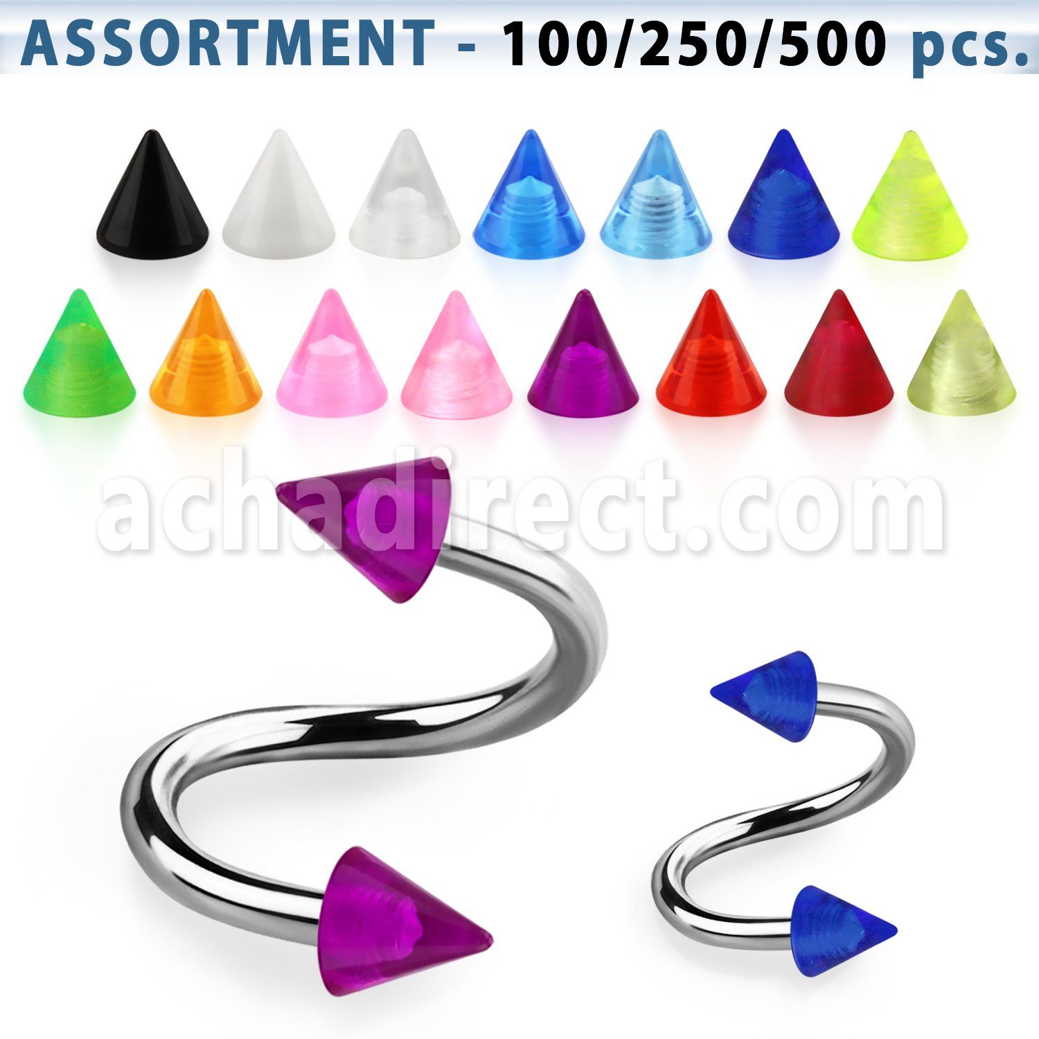 blk353 surtido piercings surtido espirales ceja acero quirurgico conos acrilico uv 3mm 8mm distribuidor mayorista