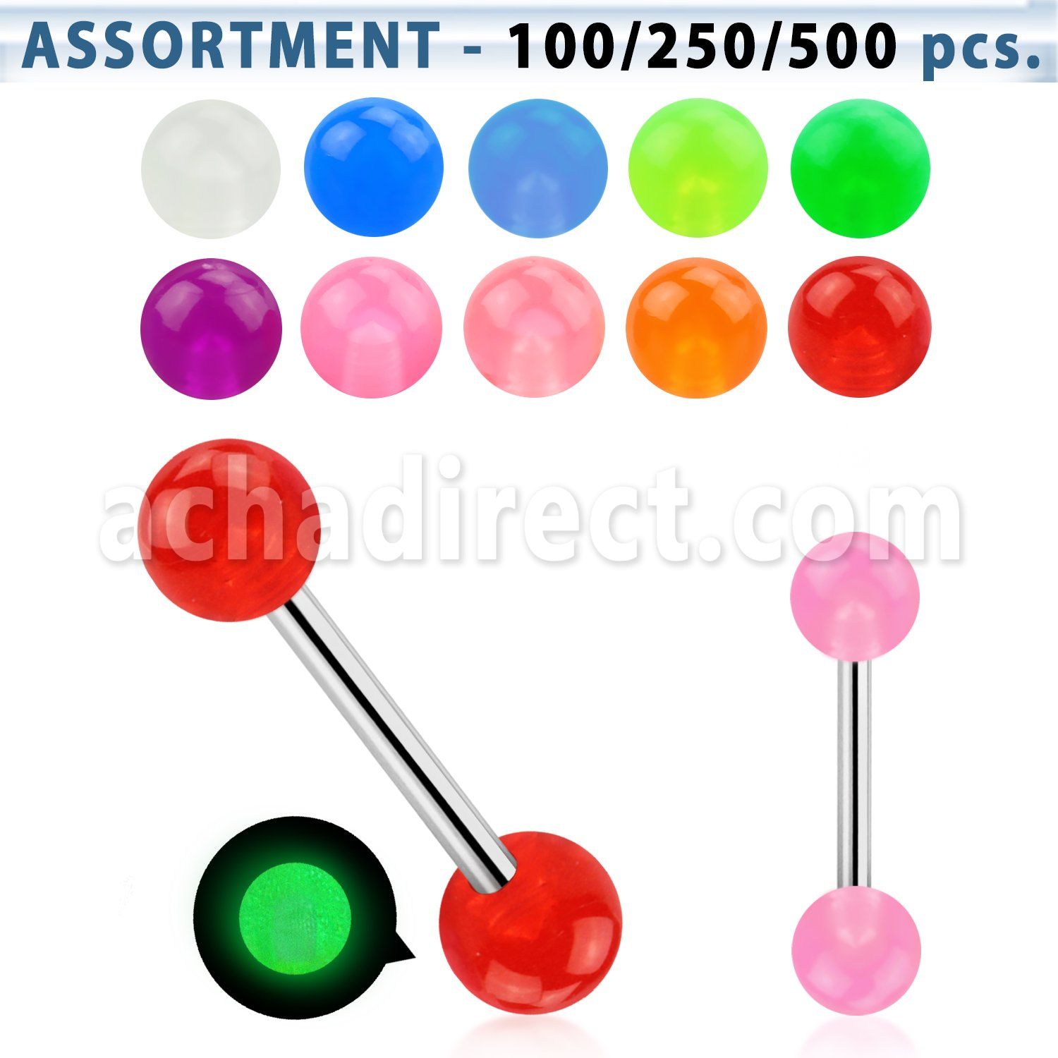 blk355 surtido piercings surtido barbells lengua acero quirurgico bolas brillan oscuridad 6mm 16mm distribuidor