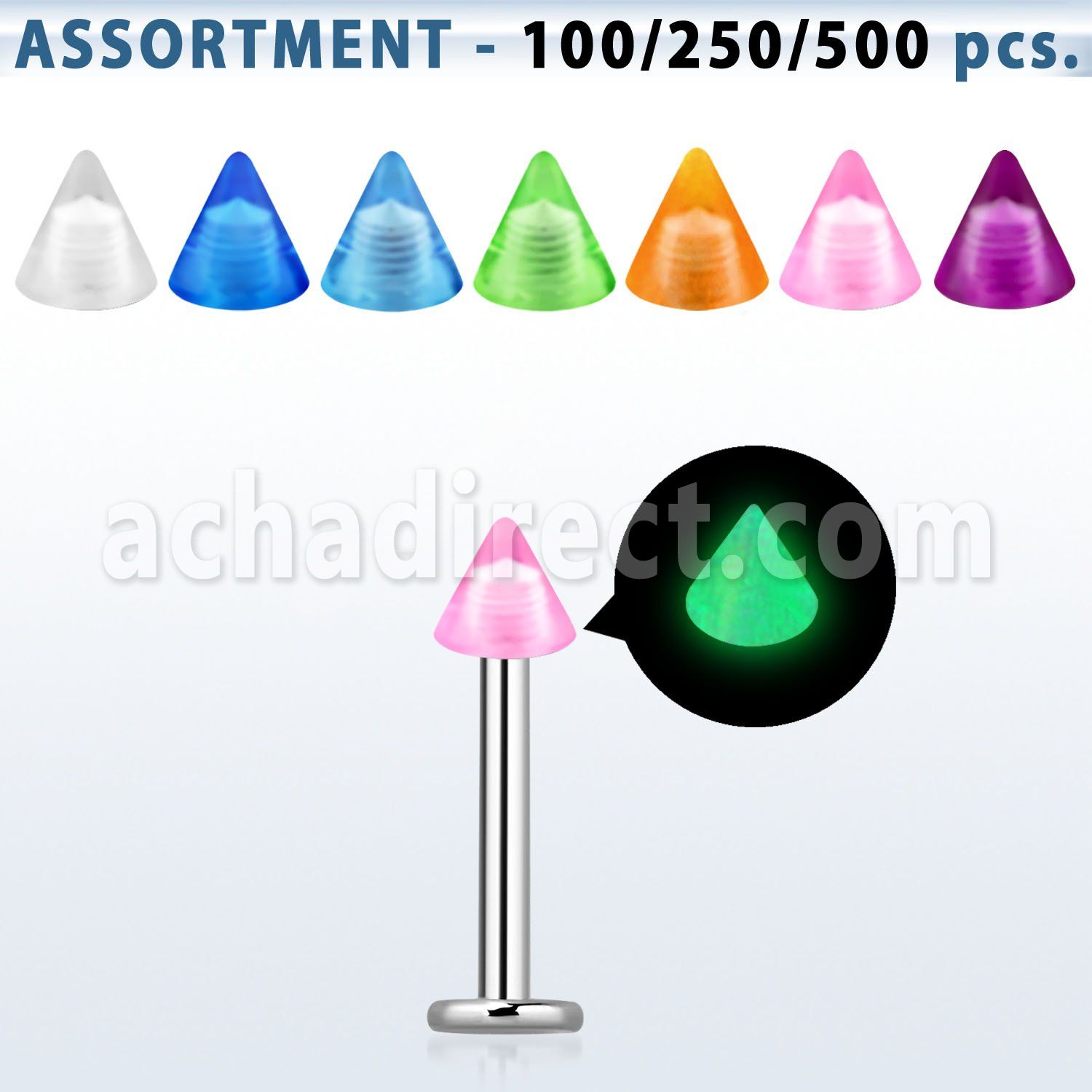 blk358 surtido piercings surtido labrets acero quirurgico conos acrilicos brillan oscuridad 3mm 8mm distribuidor