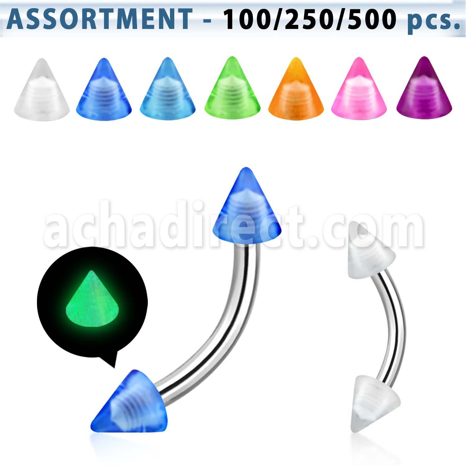 blk360 surtido piercings surtido bananas ceja acero quirurgico conos brillan oscuridad 3mm 8mm mayorista