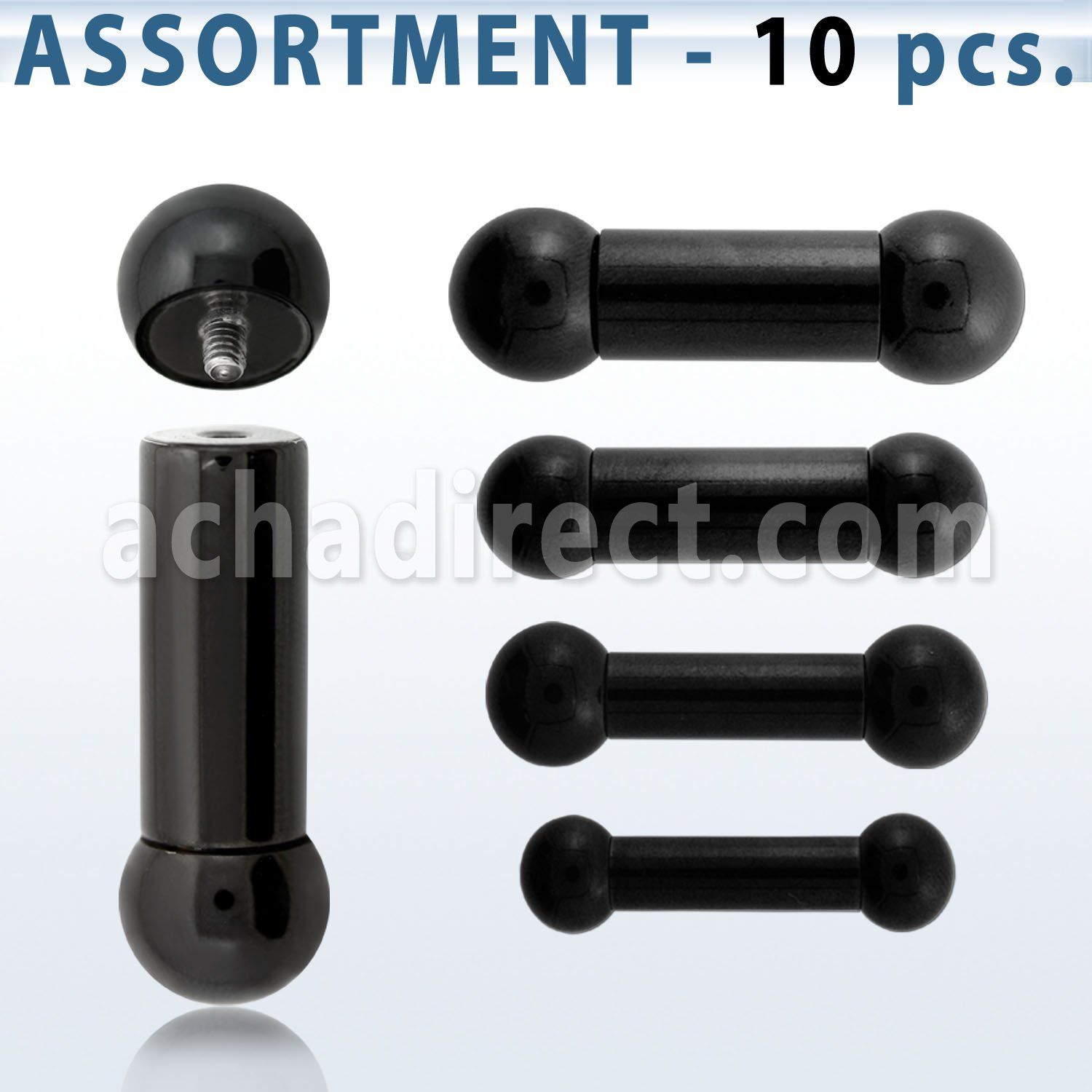 blk389 surtido piercings 10 barbells lengua acero 316l pvd negro bolas rosca interna distribuidor