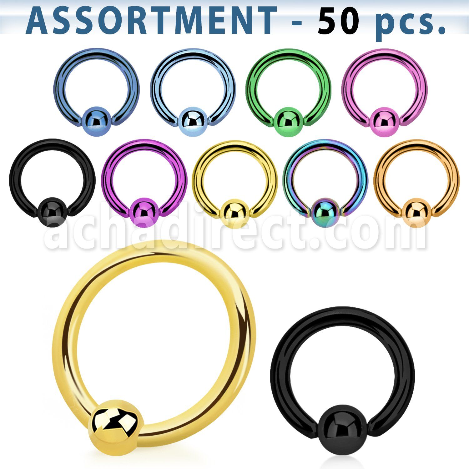 blk392 surtido piercings 50 aros bola presion acero quirurgico pvd bola 3mm al por mayor