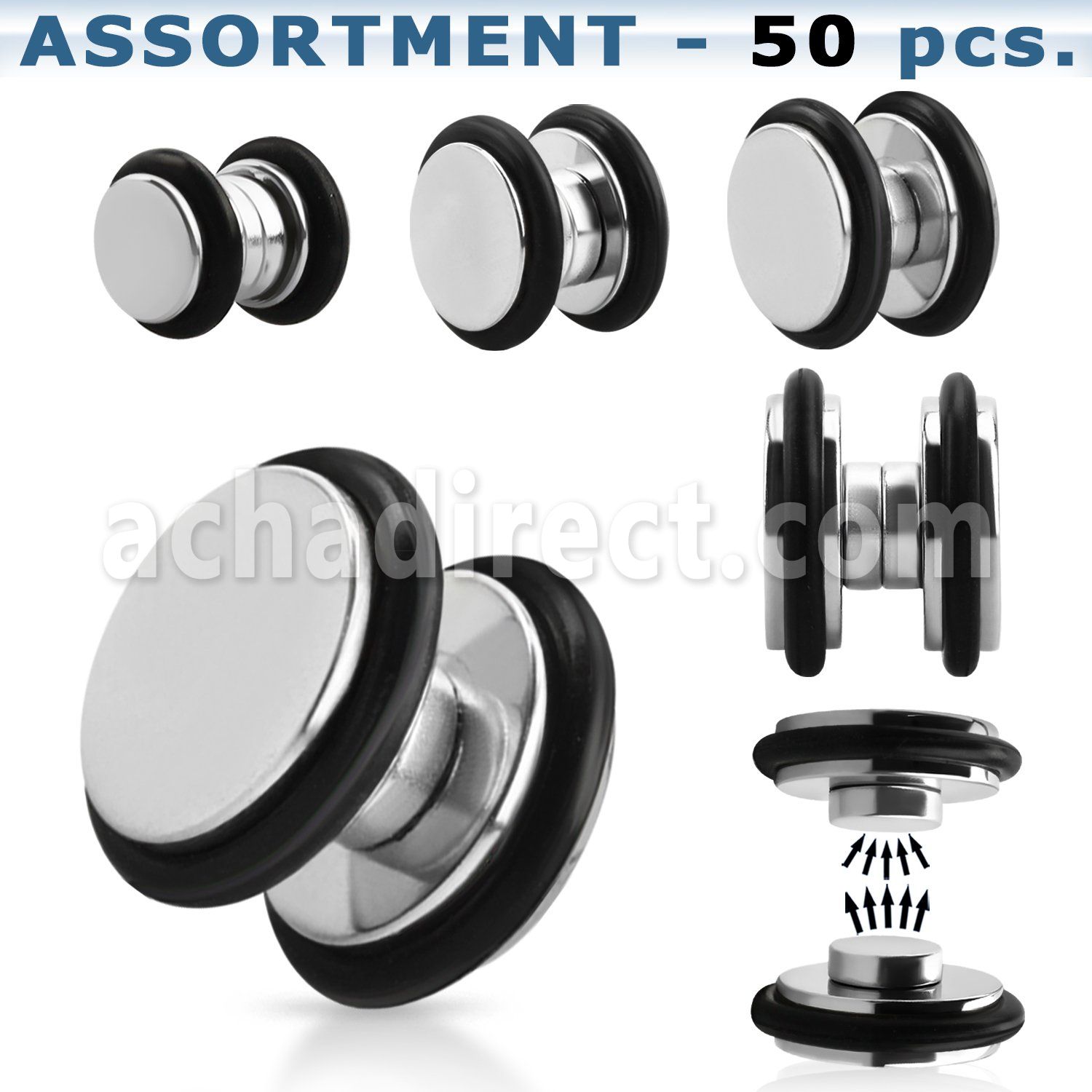 blk410 surtido piercings 50 plugs falsos magneticos acero brillo espejo anillos goma distribuidor mayorista