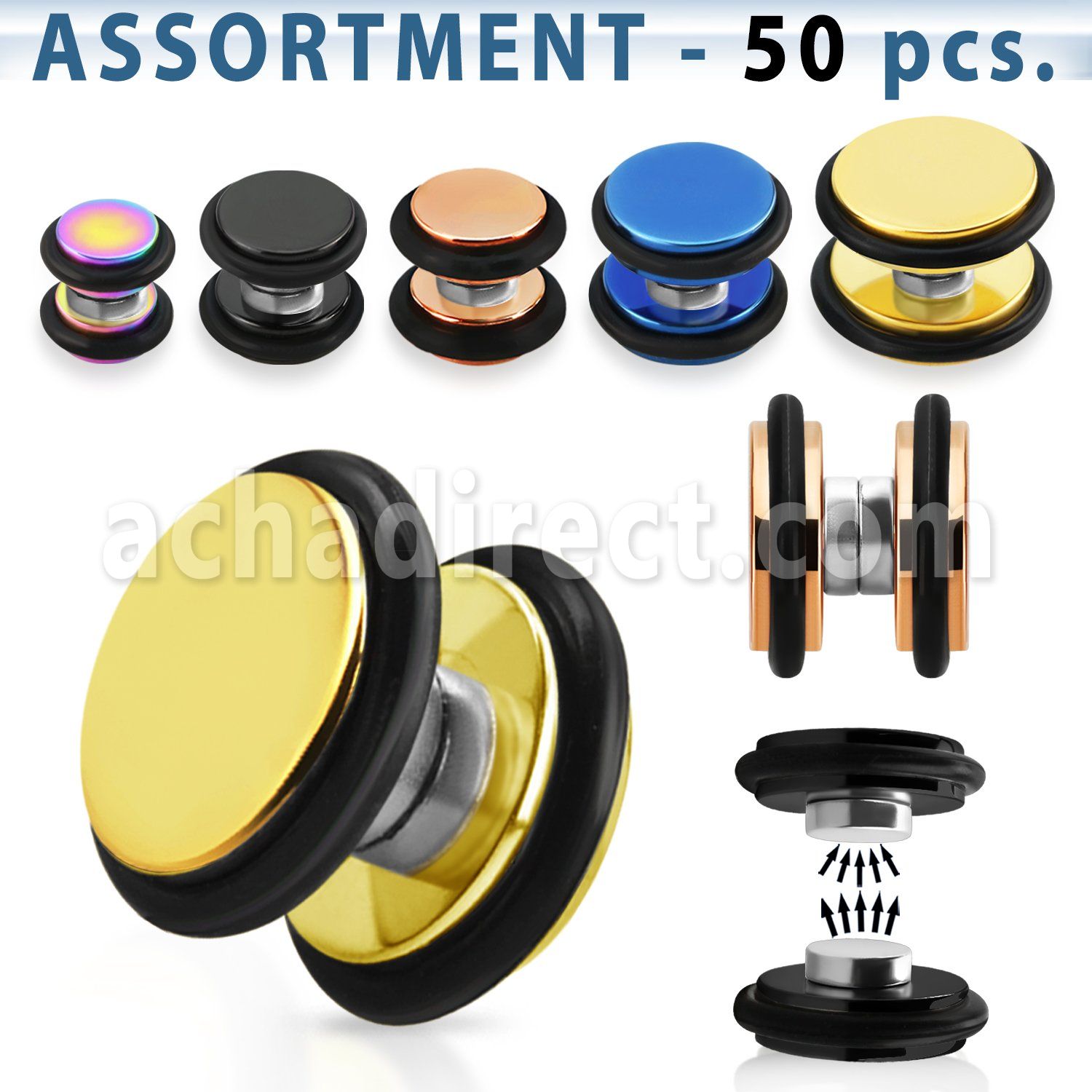 blk412 surtido piercings 50 plugs falsos magneticos acero anodizado anillos goma distribuidor mayorista