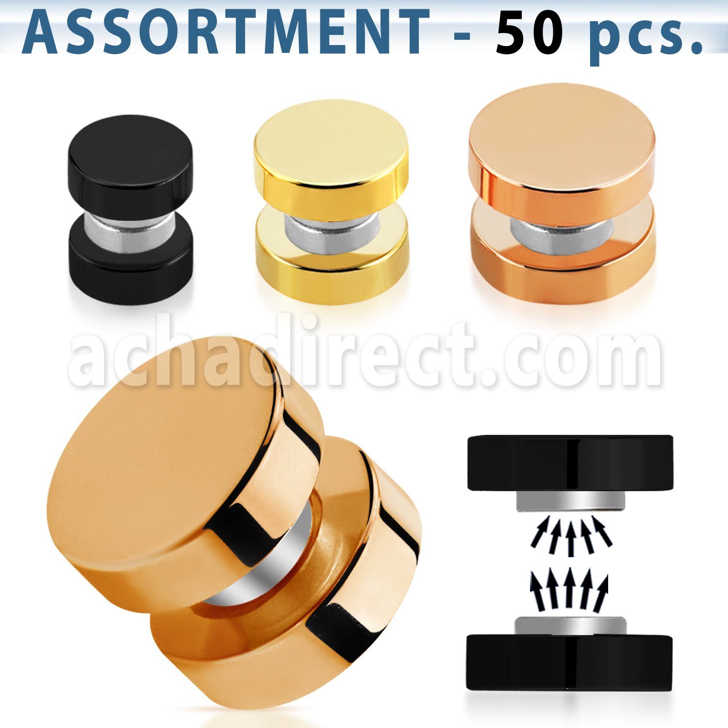 blk413 surtido piercings 50 plugs falsos magneticos acero quirurgico anodizado anillos goma distribuidor