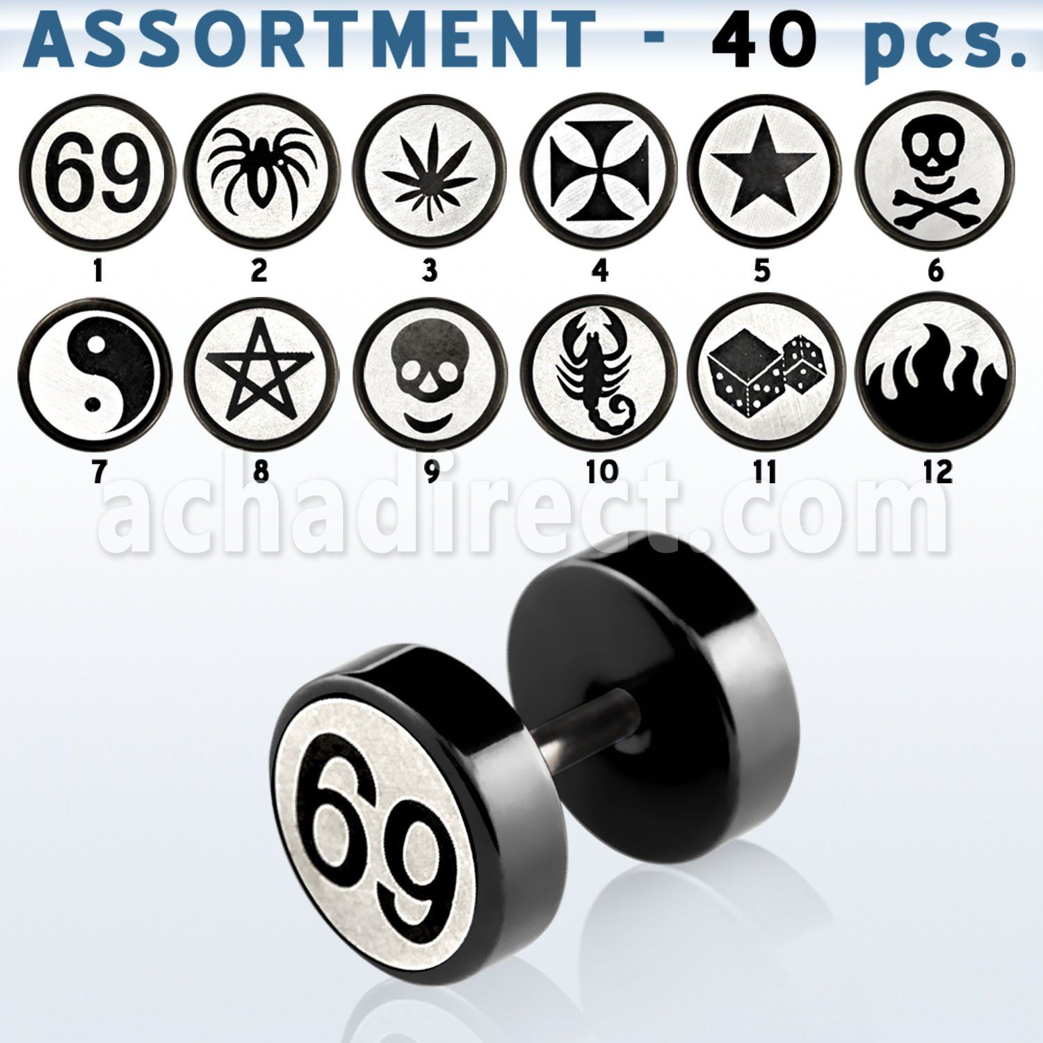 blk434 surtido piercings 40 plugs falsos variados acero quirurgico anodizado negro disenos variados 8mm mayorista