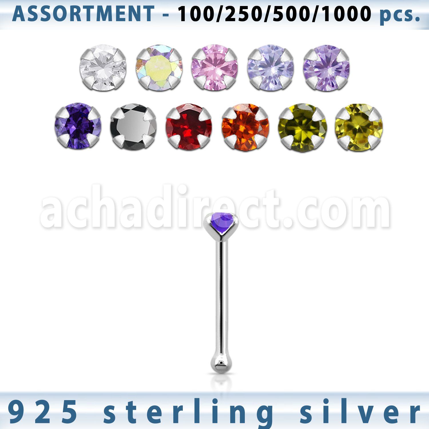 blk452 surtido por mayor piercings nariz plata piercings nariz hueso plata esterlina 925 0 6mm zirconia redonda 2mm al por mayor