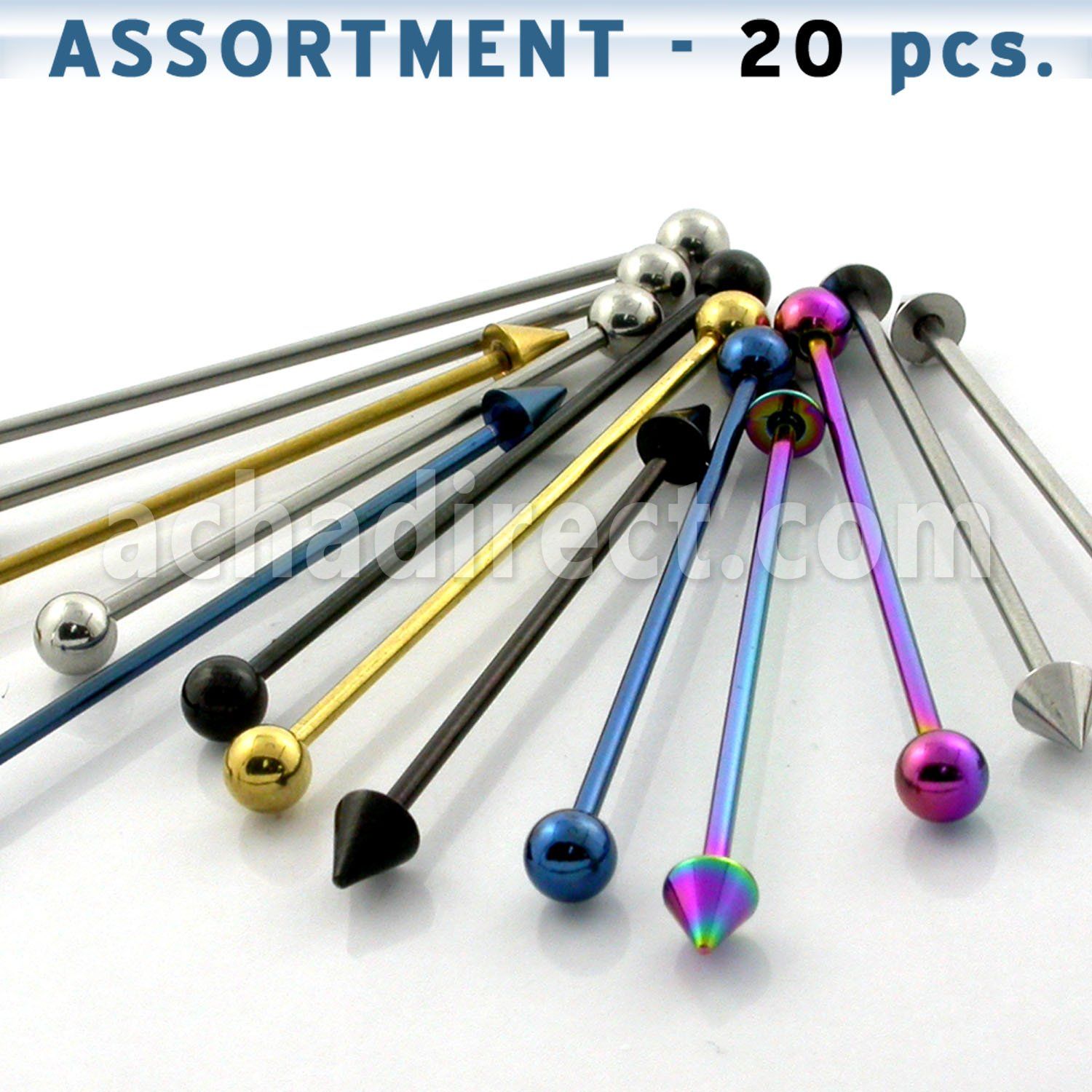 blk45 surtido piercings 20 barbells industriales acero quirurgico brillo espejo colores anodizados variados al por mayor
