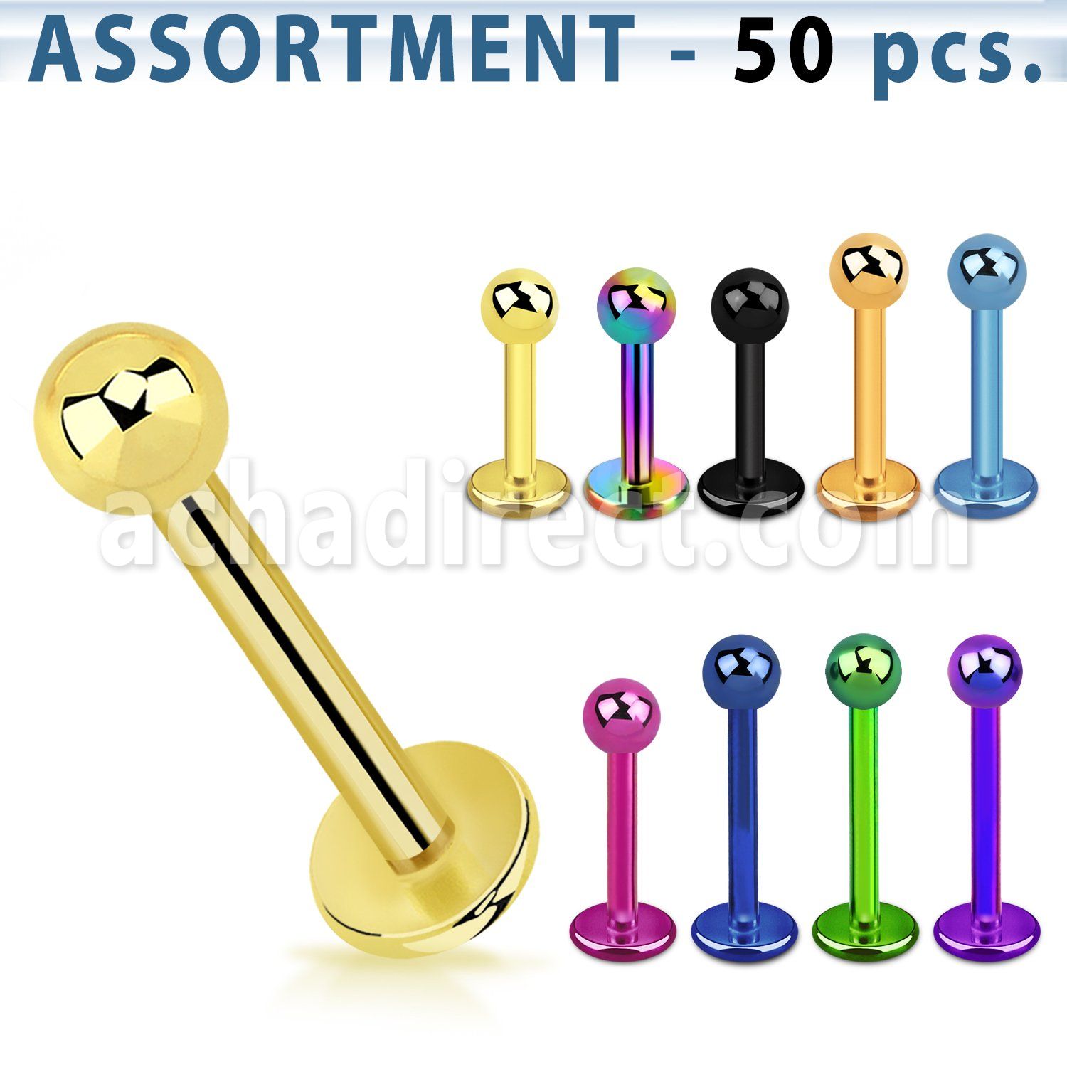 blk466 surtido piercings 50 labrets acero quirurgico pvd bola 3mm mayorista