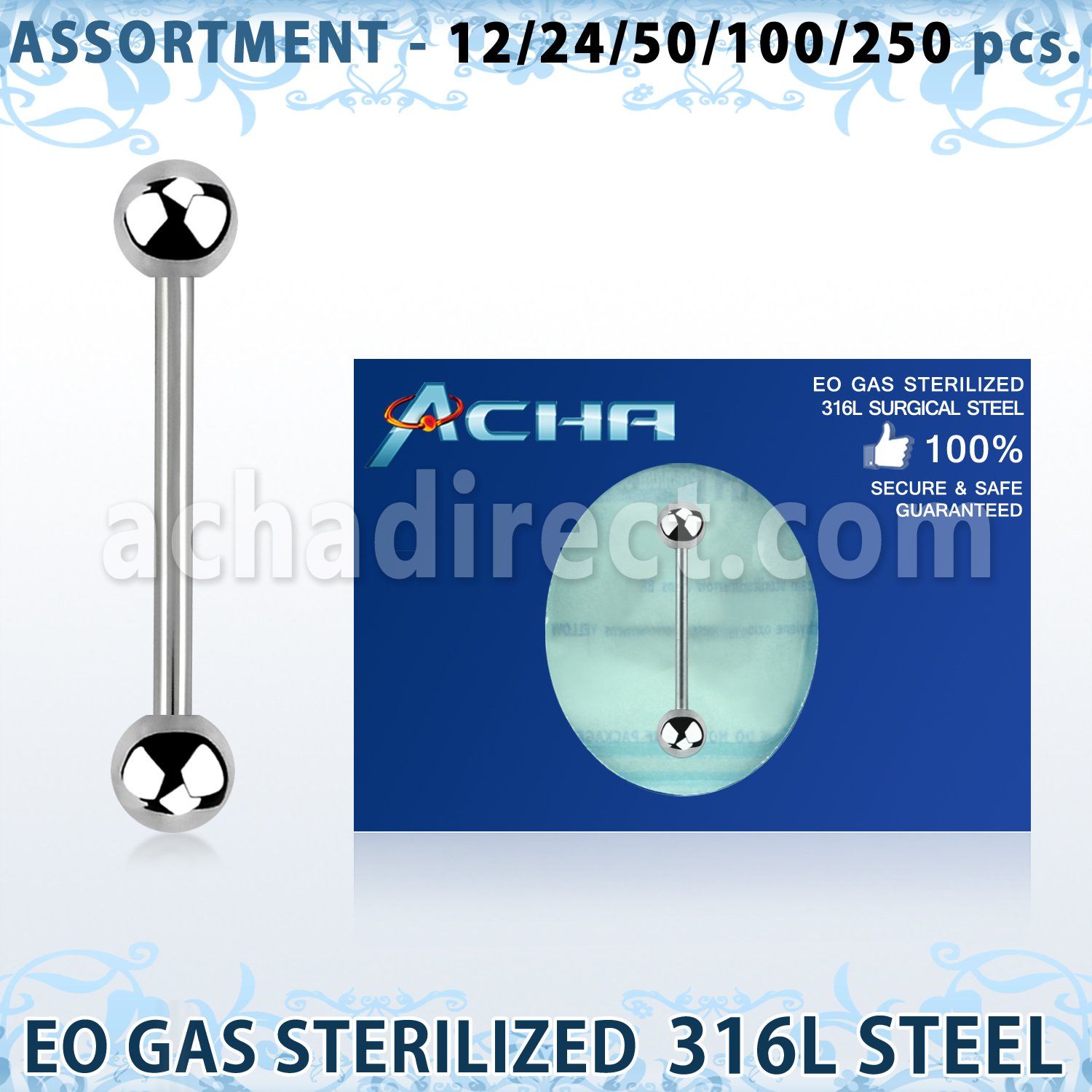 blk477 surtido piercing surtido 250 50 piercings esterilizados barbells lengua acero quirurgico 316l bolas 6mm 16mm 22mm distribuidor