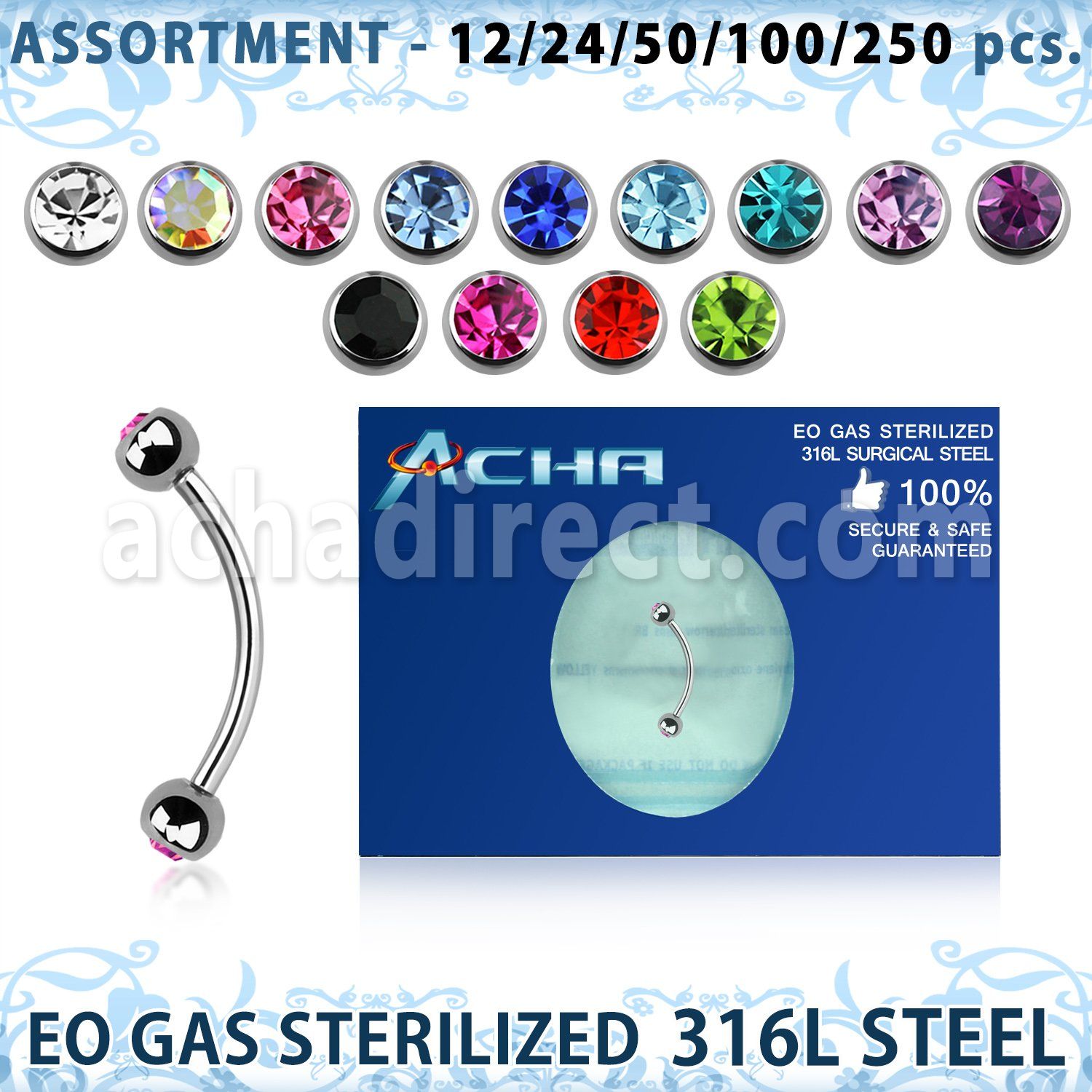 blk486 eo gas sterilized piercing: surgical steel eyebrow banana 3mm