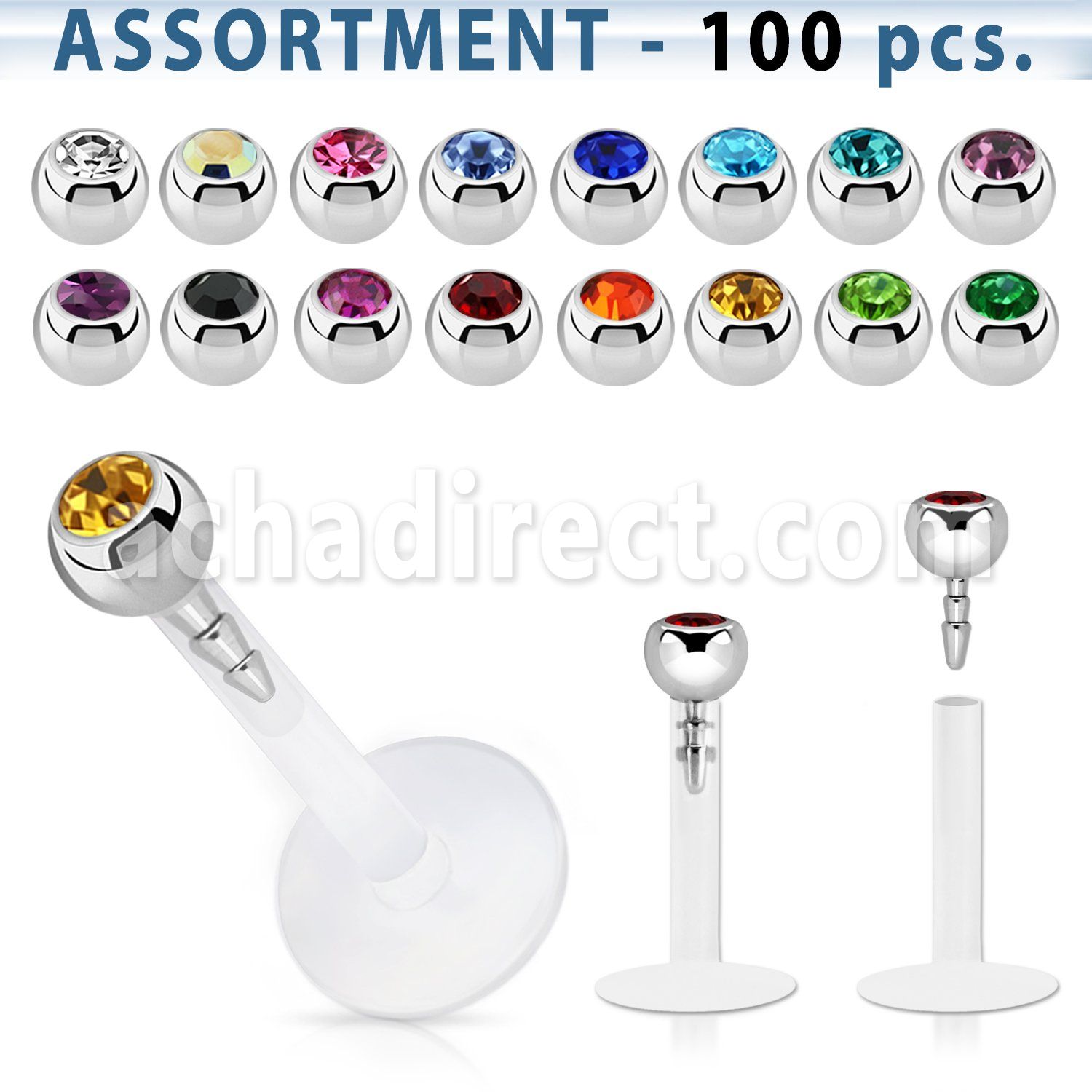 blk49 surtido piercings 100 labrets bio flexibles transparentes bola joya bisel 3mm venta