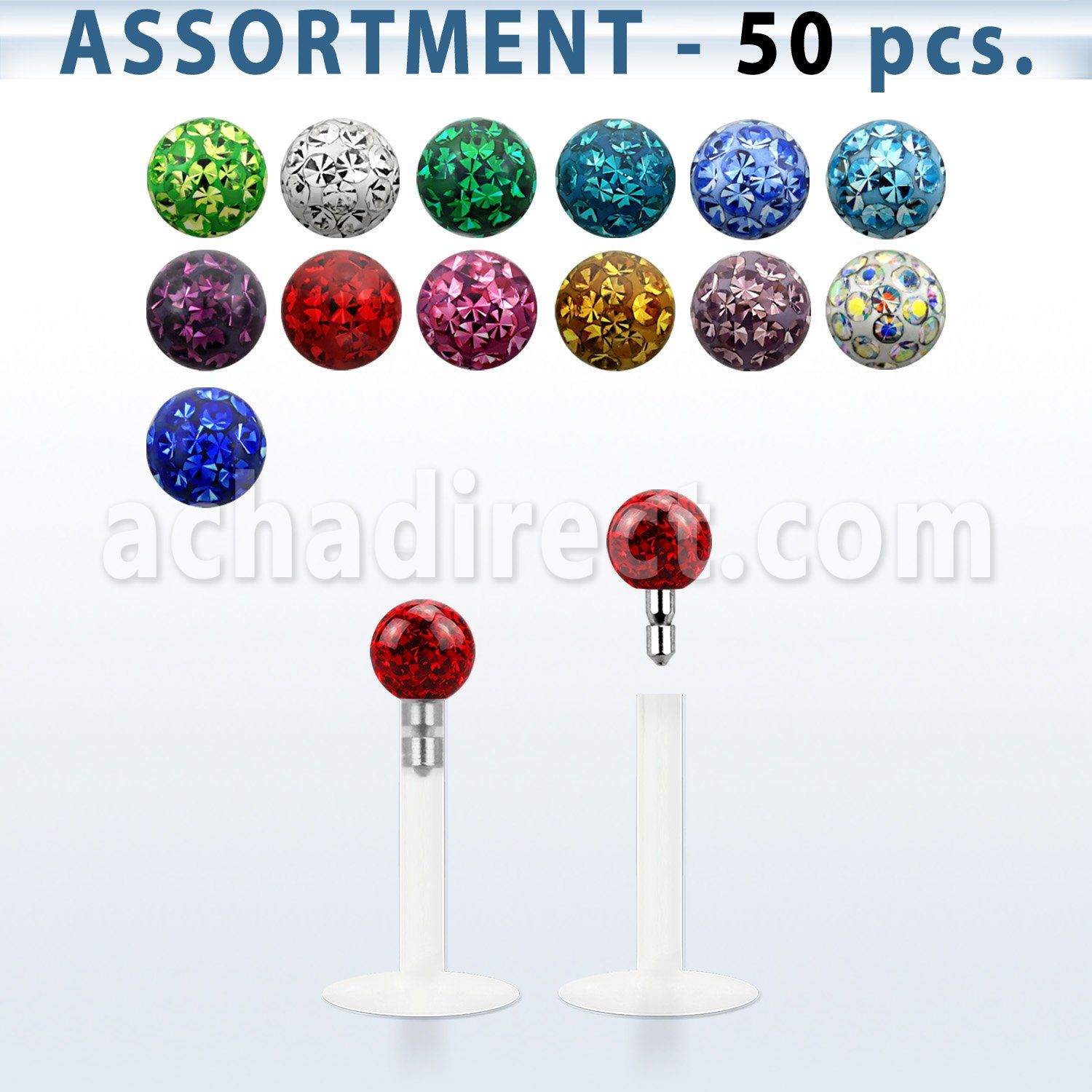 blk511 surtido variado 50 labrets bio flexibles transparentes bola multi cristal presion 3mm al por mayor