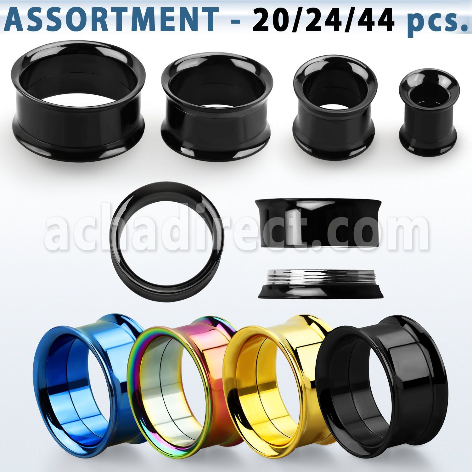 blk537 surtido piercings 20 44 dilataciones tunel doble flare acero quirurgico pvd tornillo interno distribuidor mayorista