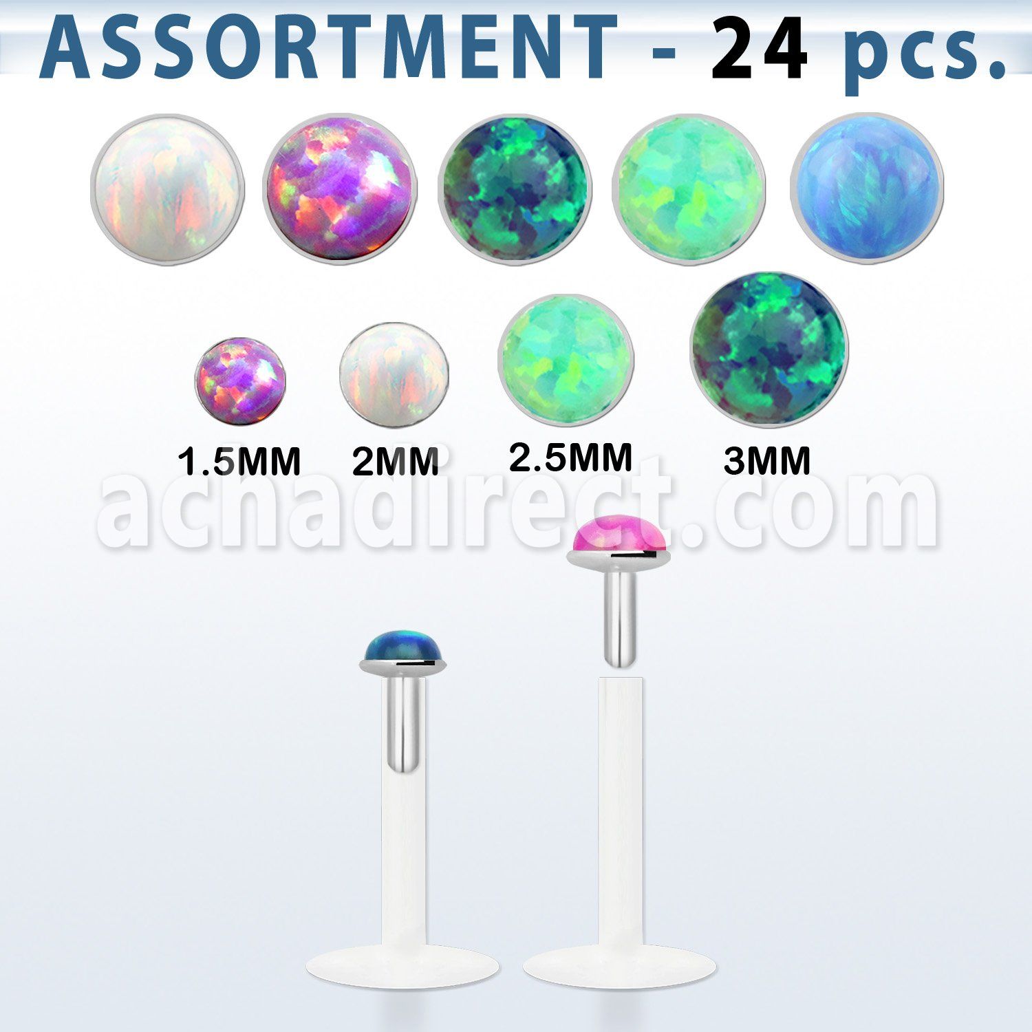 blk579 surtido piercings 24 labrets bio flexibles transparentes plateada presion opalo 1 5mm 3mm al por mayor