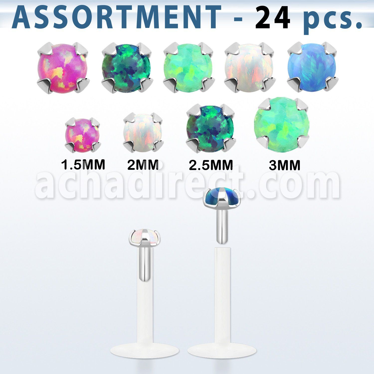 blk580 surtido piercings 24 labrets bio flexibles transparentes plateada presion opalo 1 5mm 3mm venta