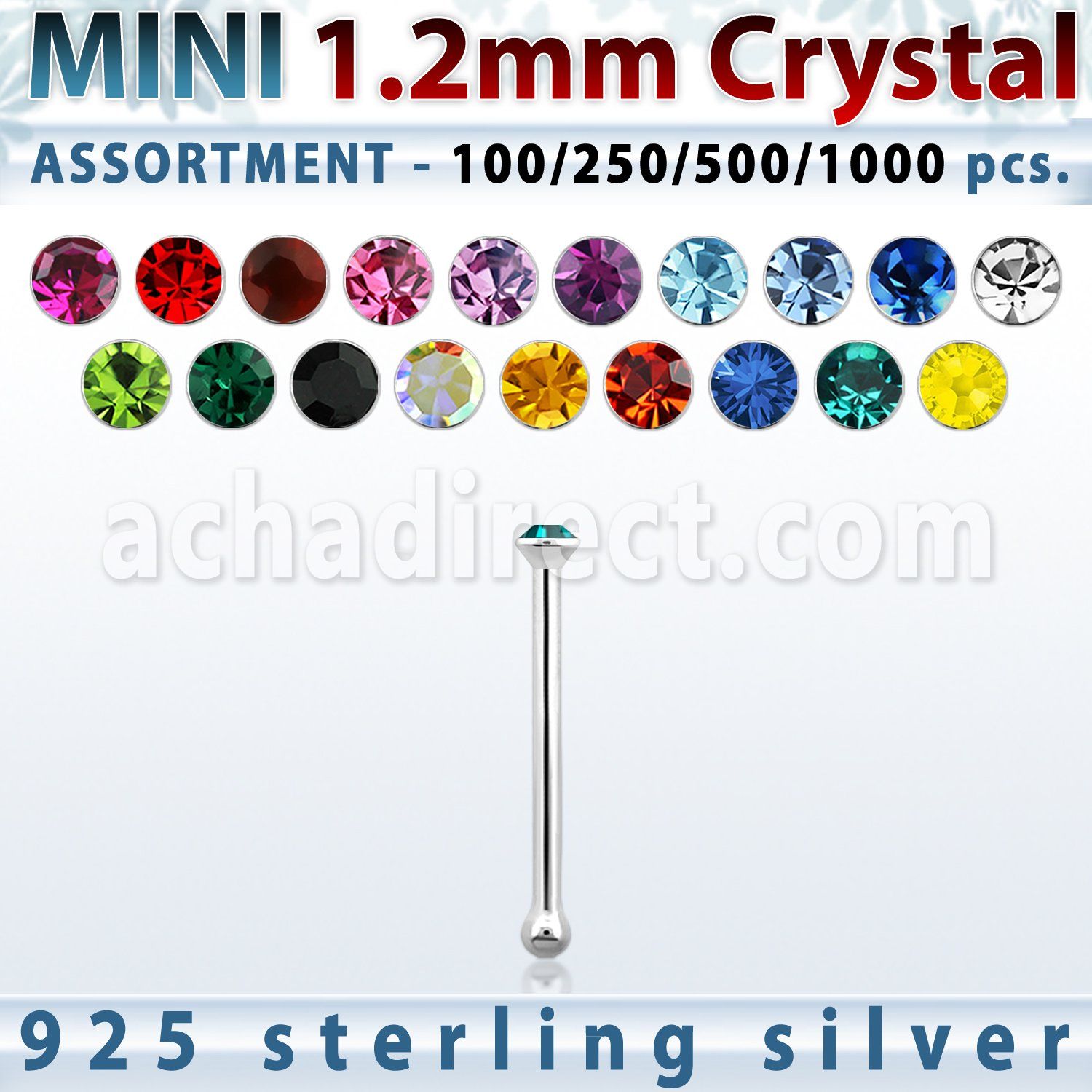 blk663 wholesale silver nose bone bulk w mini 1.2mm crystal top